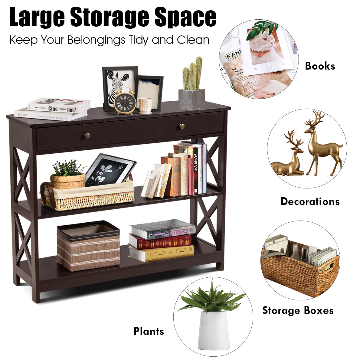 3 Tier Console Table with Drawer and Storage Shelves in Dark Brown