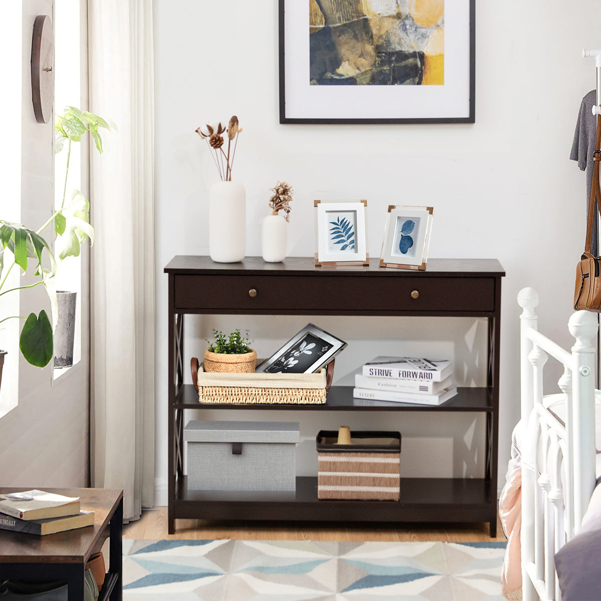 3 Tier Console Table with Drawer and Storage Shelves in Dark Brown