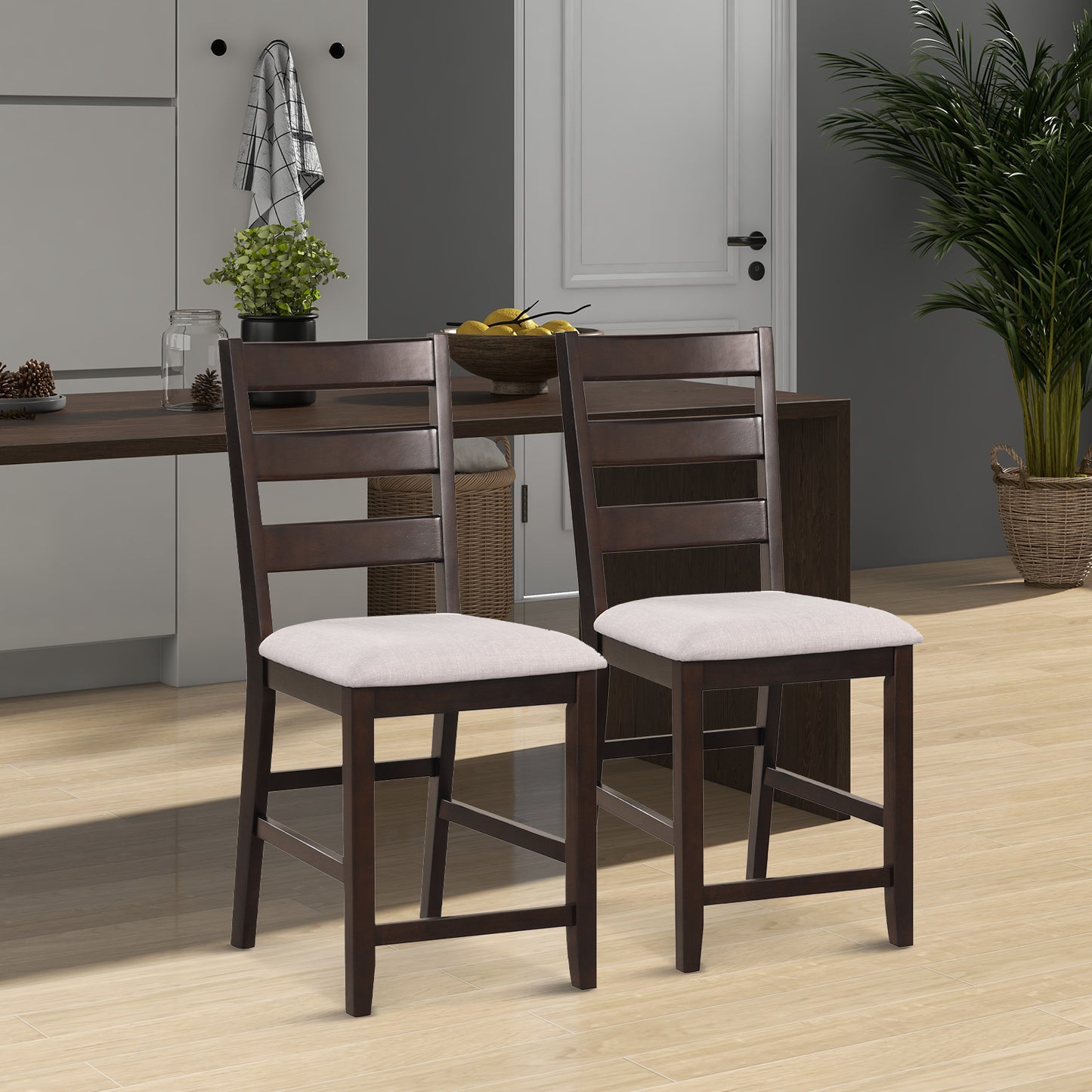 Counter Height Bar Stools with Padded Seat and Wooden Frame, Set of 2