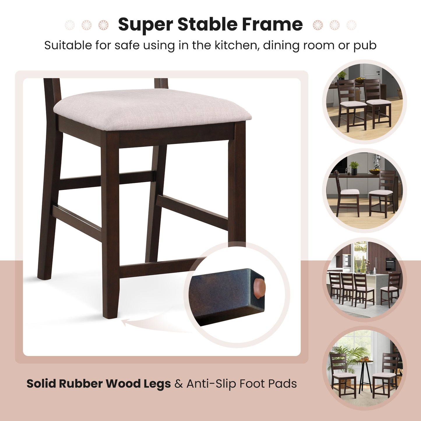 Counter Height Bar Stools with Padded Seat and Wooden Frame, Set of 2