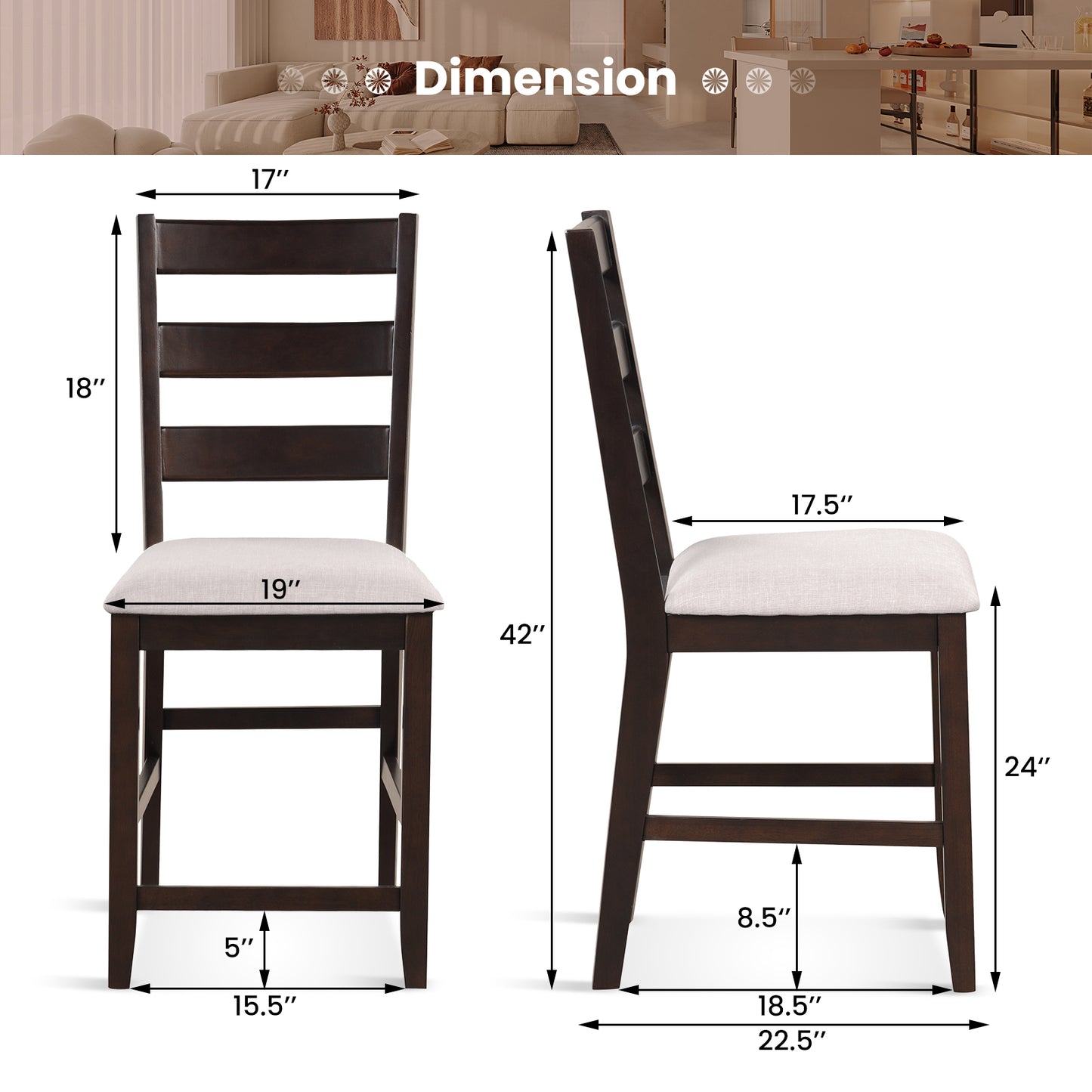 Counter Height Bar Stools with Padded Seat and Wooden Frame, Set of 2