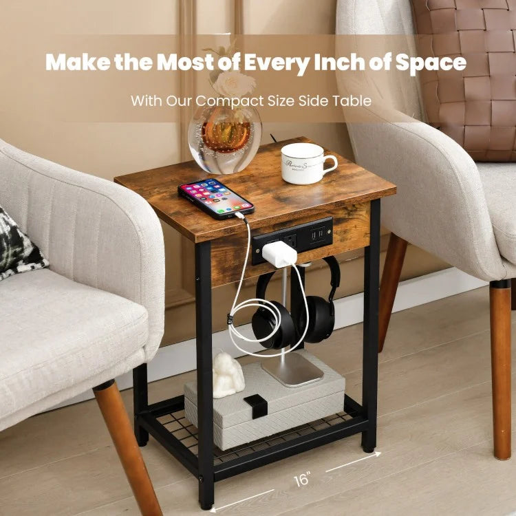 Set of 2 Rustic Bedside Tables with Open Shelf and Built-In Charging Station in Brown Finish