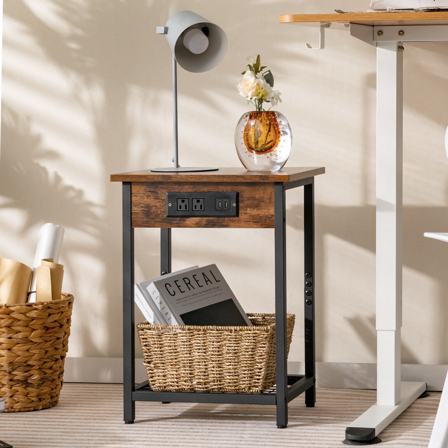 Set of 2 Rustic Bedside Tables with Open Shelf and Built-In Charging Station in Brown Finish