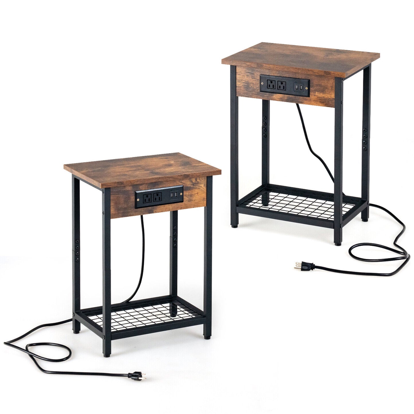 Set of 2 Rustic Bedside Tables with Open Shelf and Built-In Charging Station in Brown Finish