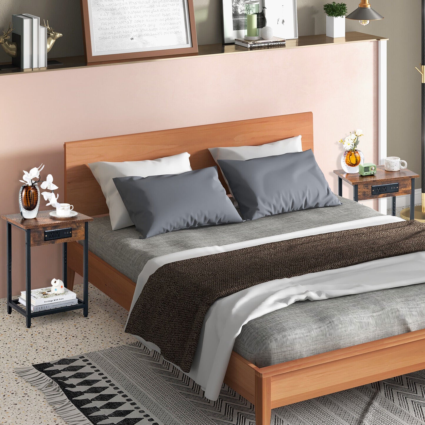 Set of 2 Rustic Bedside Tables with Open Shelf and Built-In Charging Station in Brown Finish