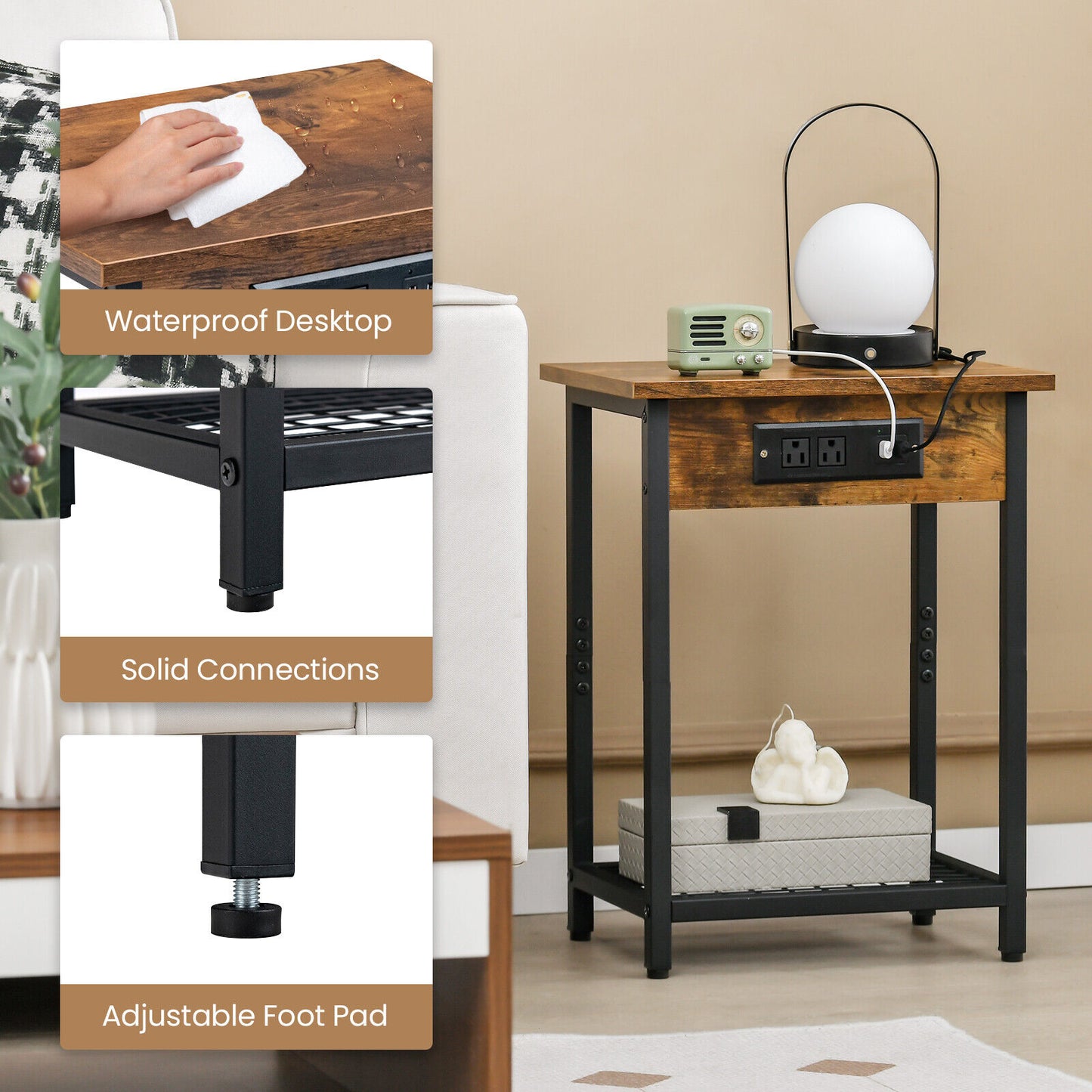 Set of 2 Rustic Bedside Tables with Open Shelf and Built-In Charging Station in Brown Finish