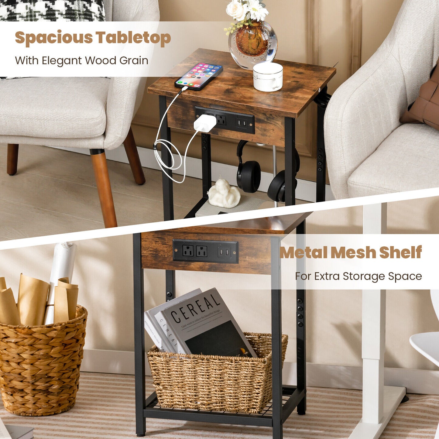 Set of 2 Rustic Bedside Tables with Open Shelf and Built-In Charging Station in Brown Finish