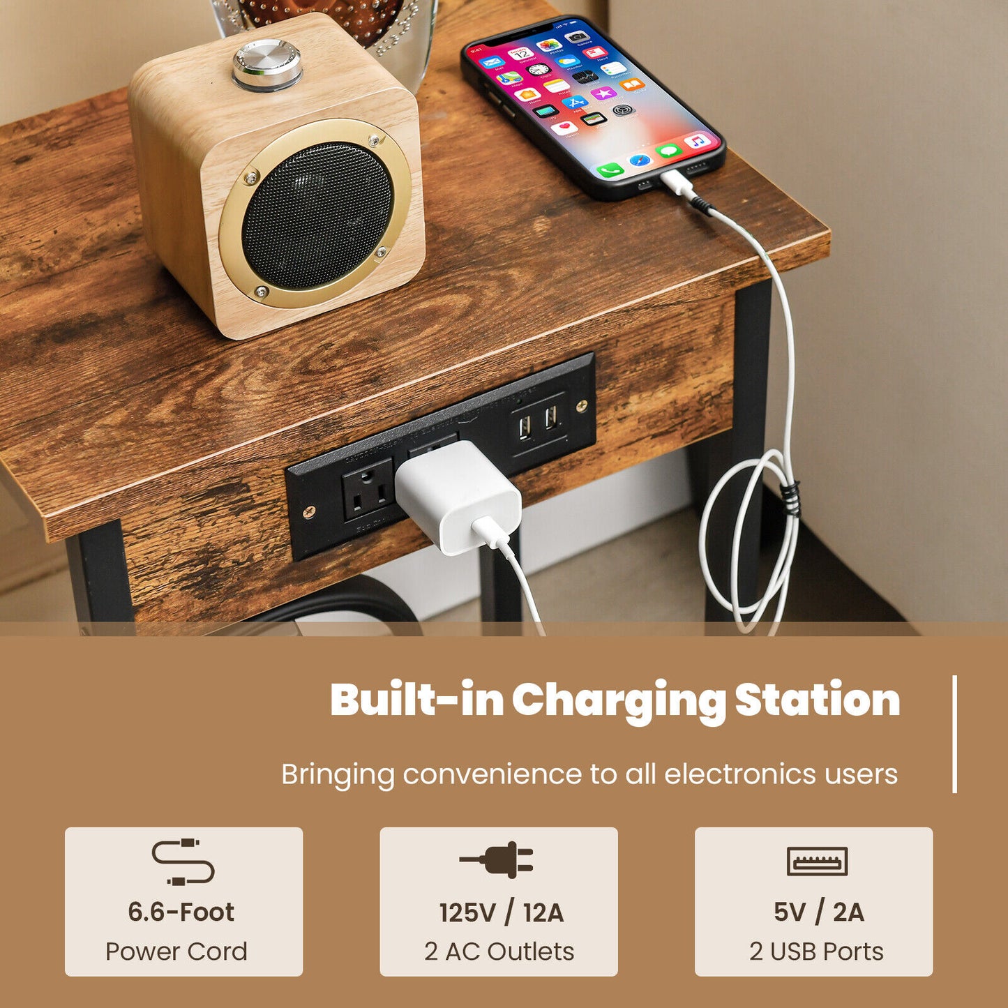 Set of 2 Rustic Bedside Tables with Open Shelf and Built-In Charging Station in Brown Finish