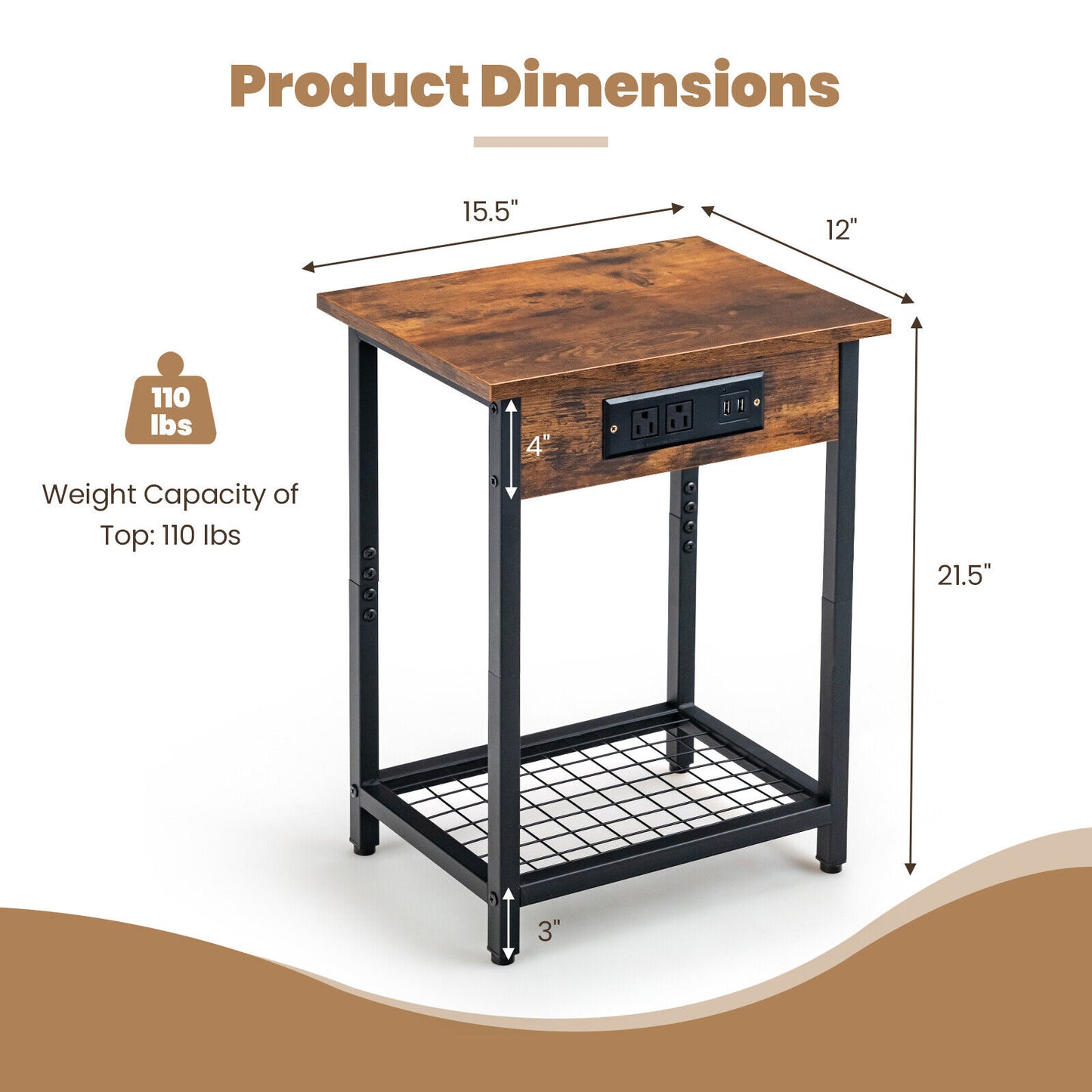 Set of 2 Rustic Bedside Tables with Open Shelf and Built-In Charging Station in Brown Finish