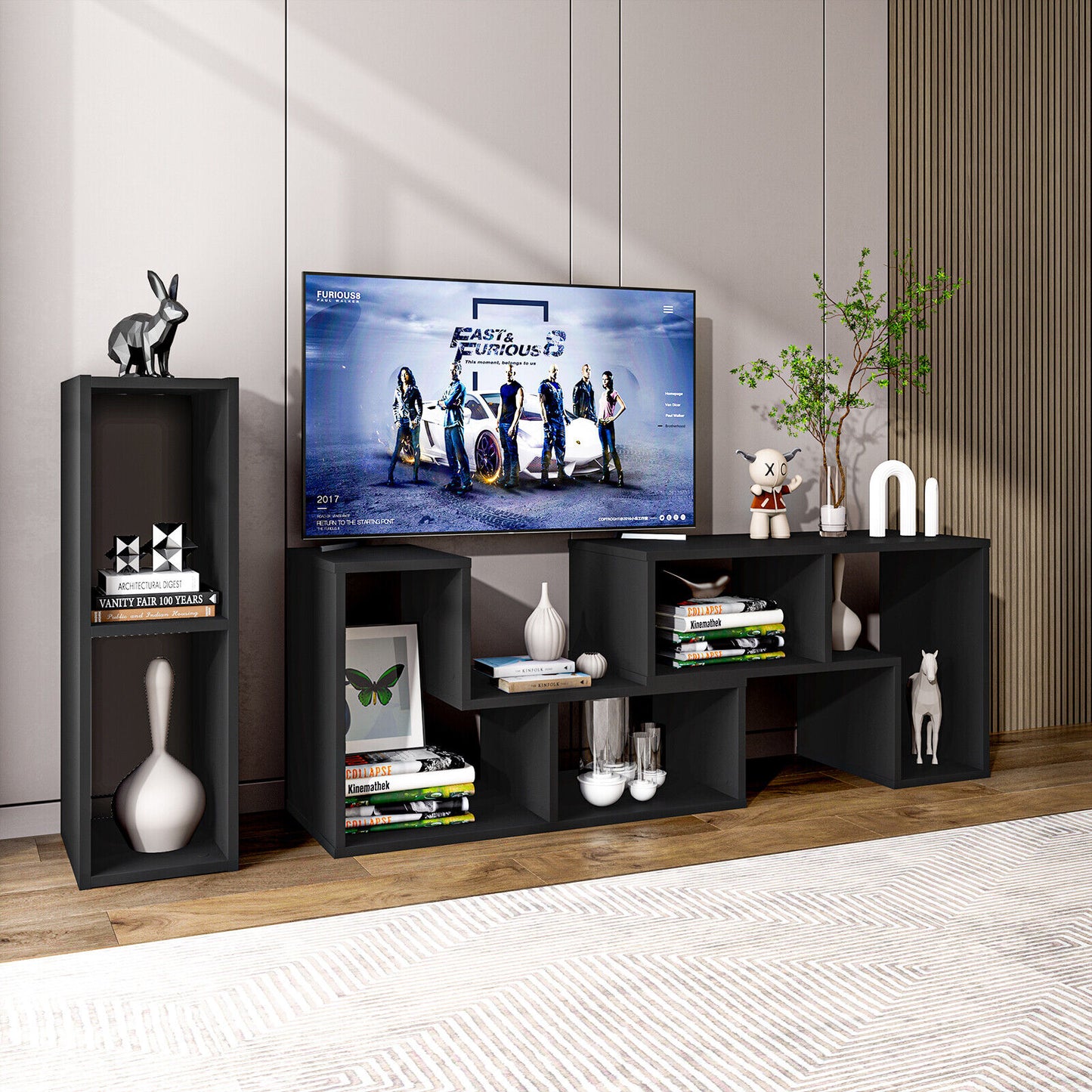 Adjustable 3-Piece TV Console with Shelves for TVs up to 65 Inch in Black Finish