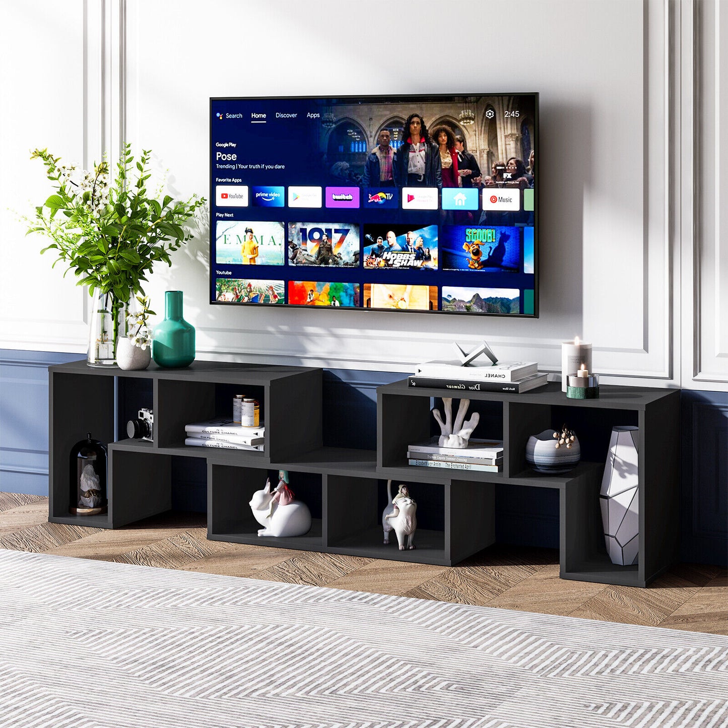 Adjustable 3-Piece TV Console with Shelves for TVs up to 65 Inch in Black Finish