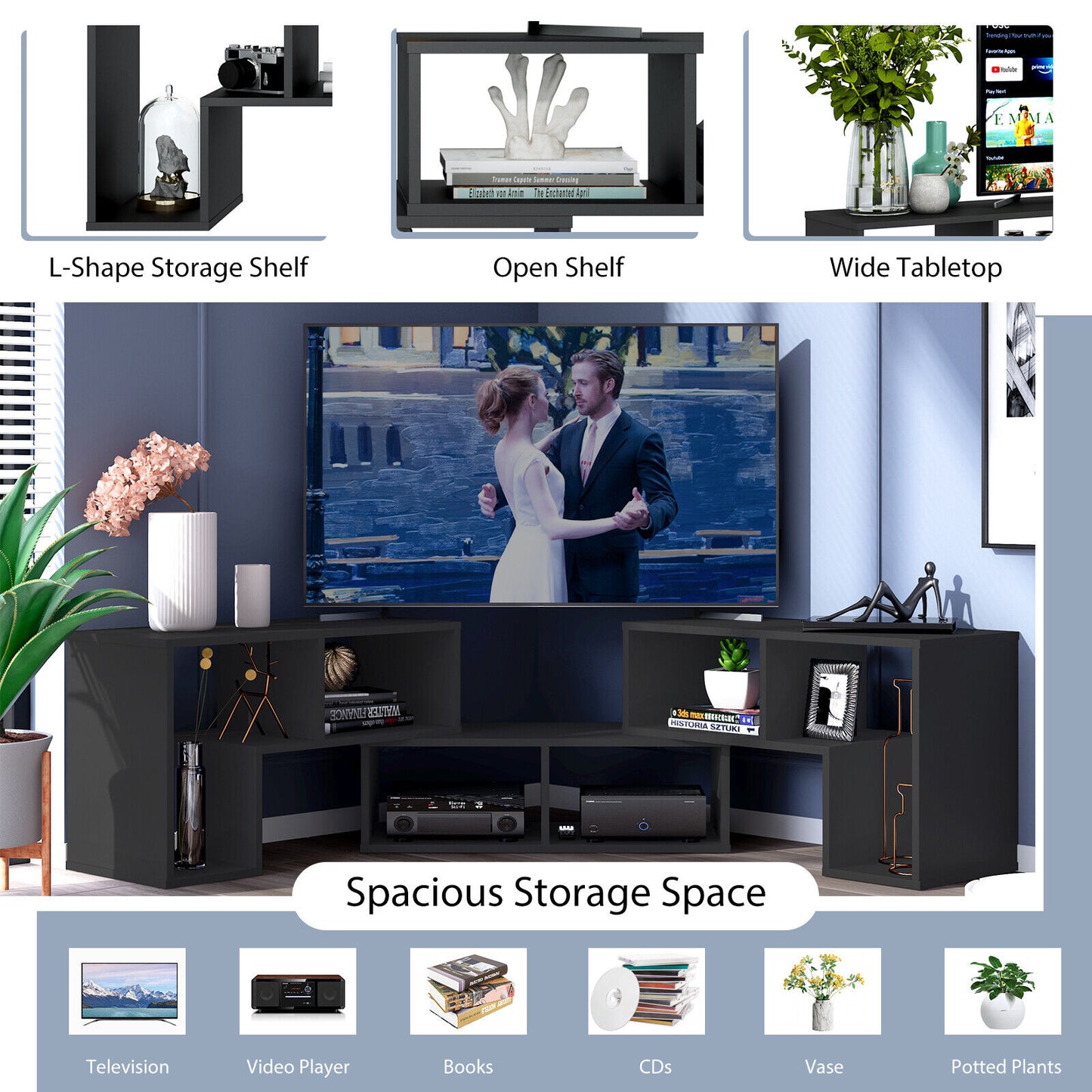 Adjustable 3-Piece TV Console with Shelves for TVs up to 65 Inch in Black Finish