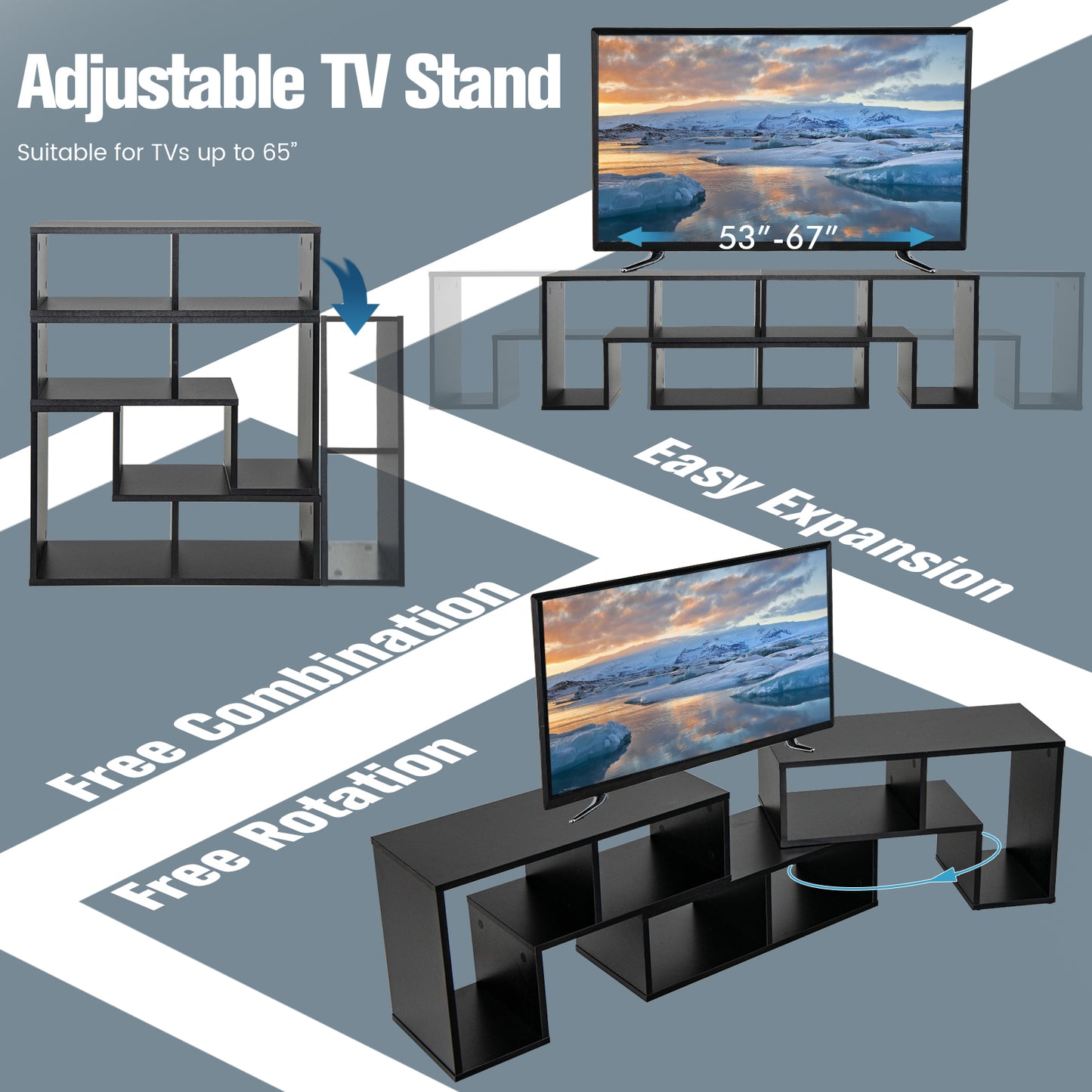 Adjustable 3-Piece TV Console with Shelves for TVs up to 65 Inch in Black Finish