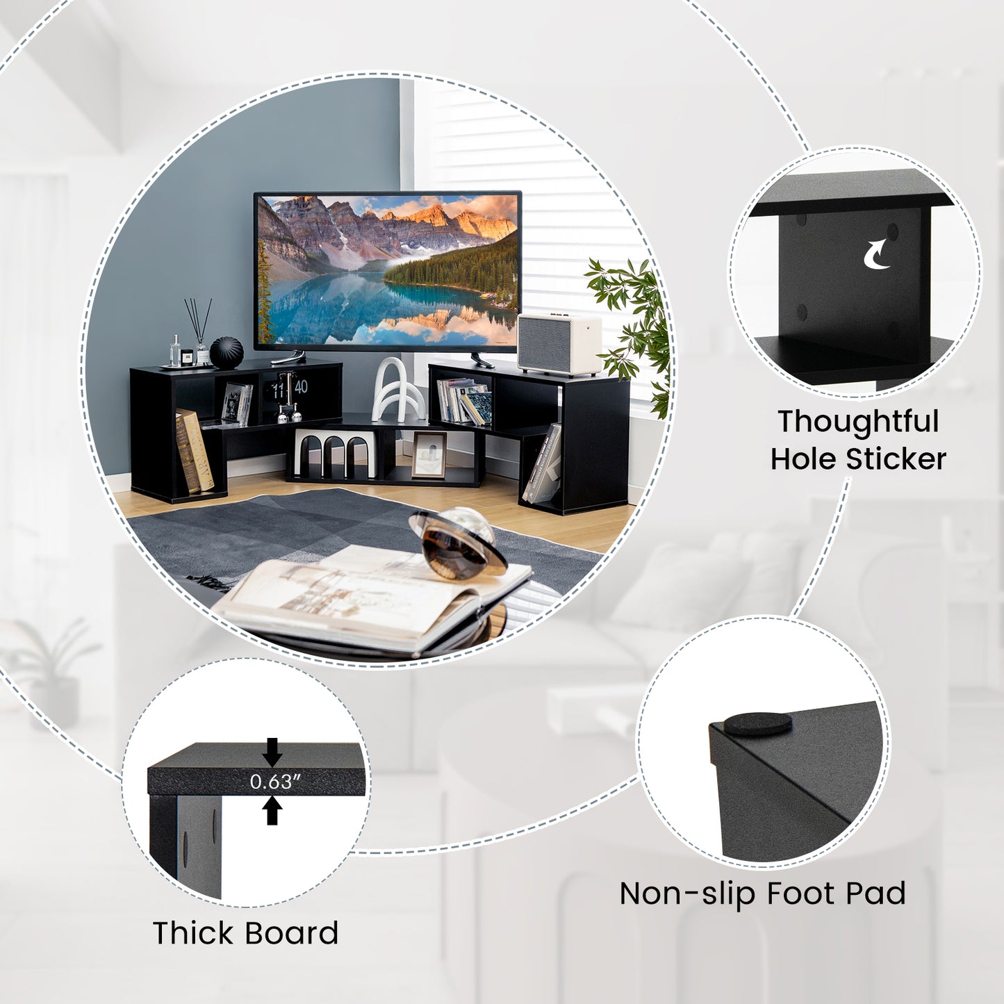 Adjustable 3-Piece TV Console with Shelves for TVs up to 65 Inch in Black Finish