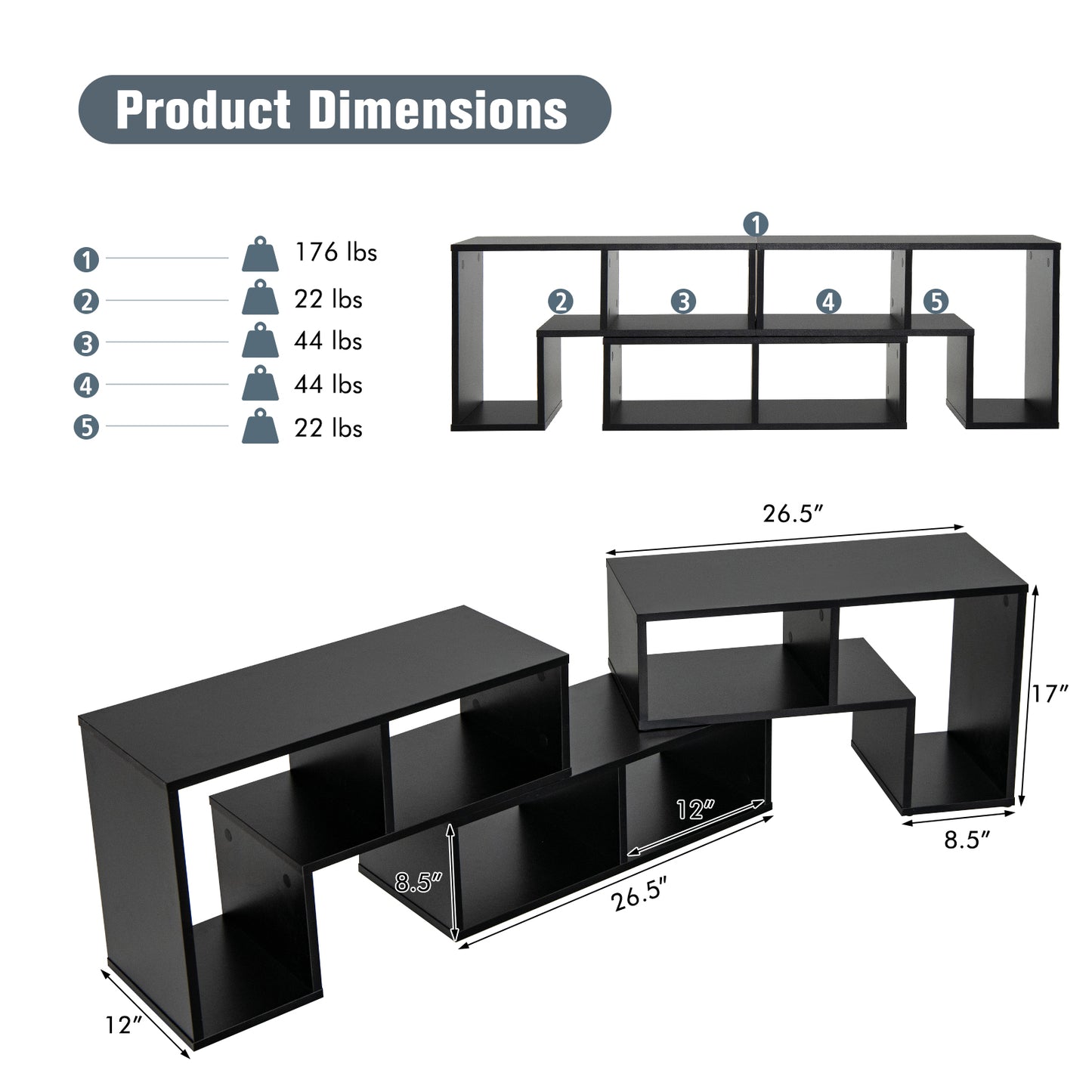Adjustable 3-Piece TV Console with Shelves for TVs up to 65 Inch in Black Finish