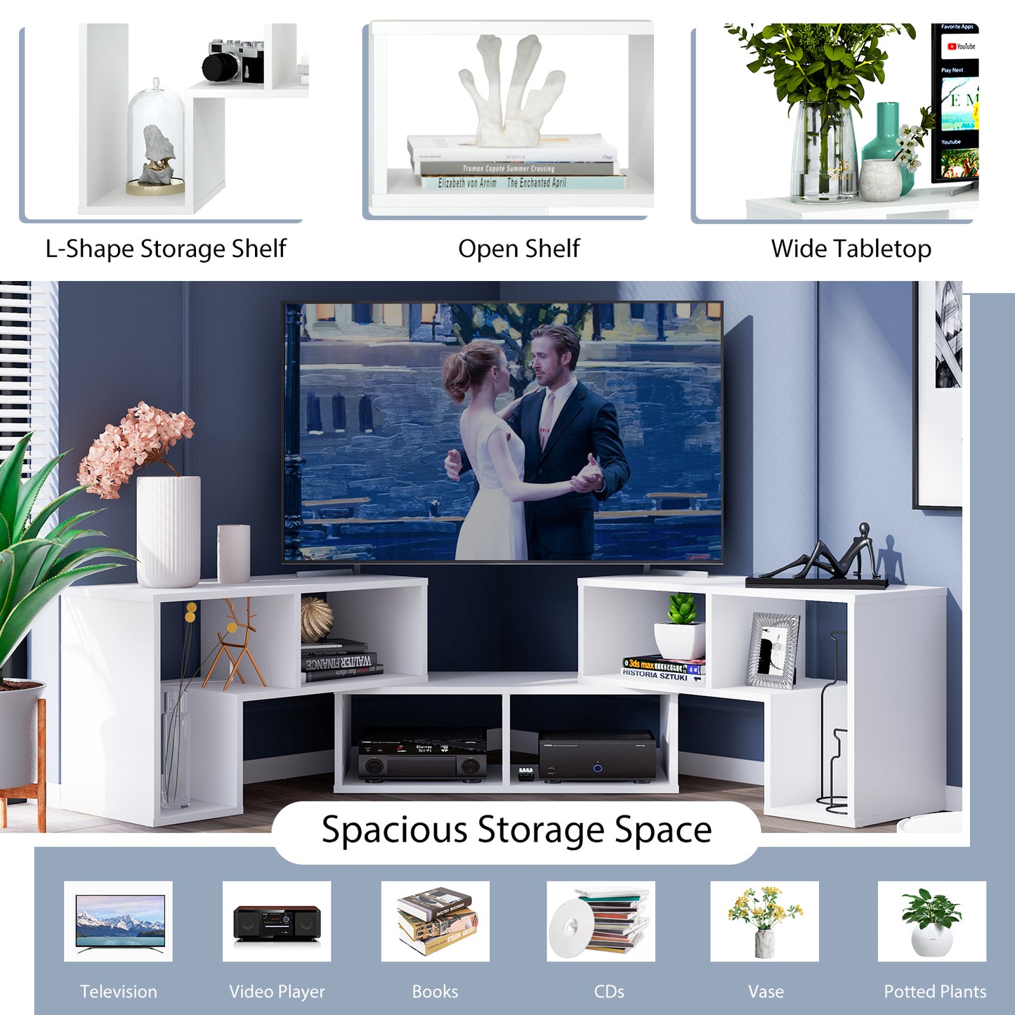 Adjustable 3-Piece TV Console with Shelves for TVs up to 65 Inch in White Finish