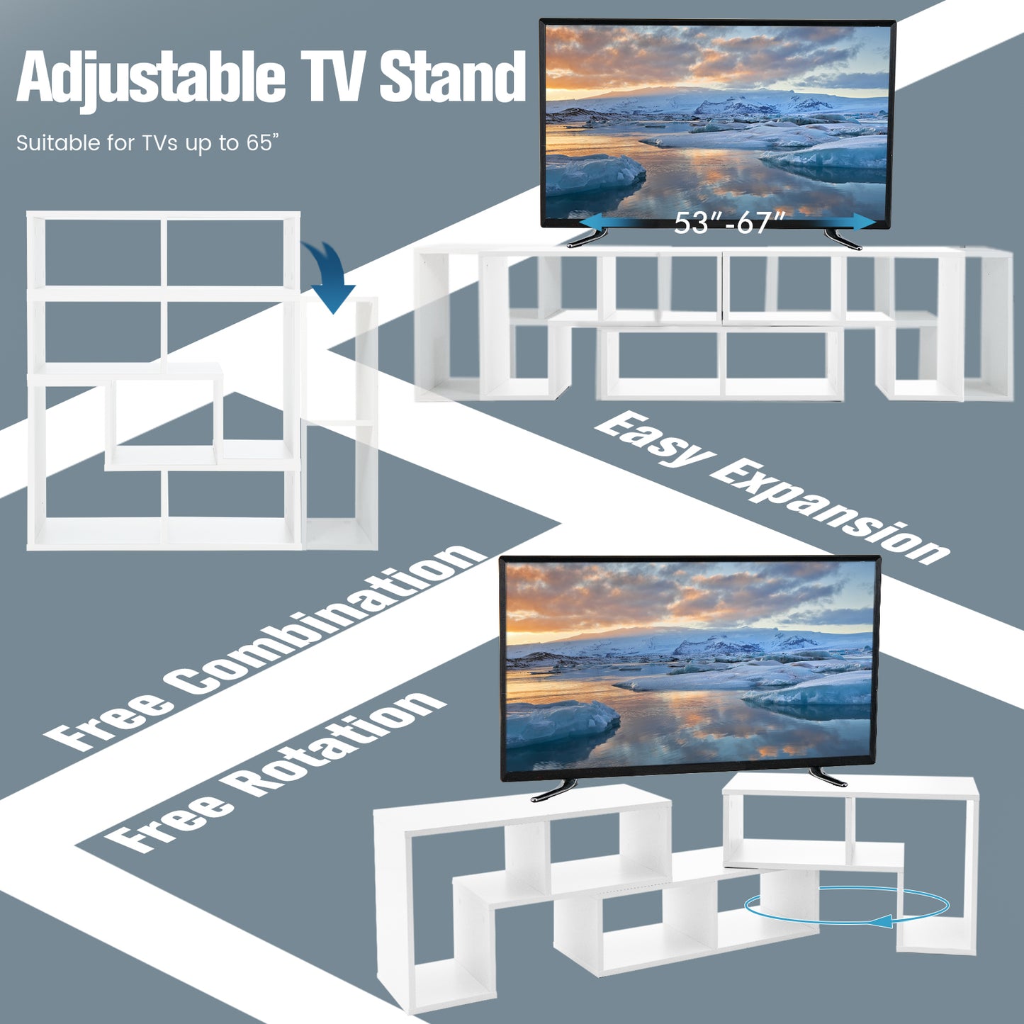 Adjustable 3-Piece TV Console with Shelves for TVs up to 65 Inch in White Finish