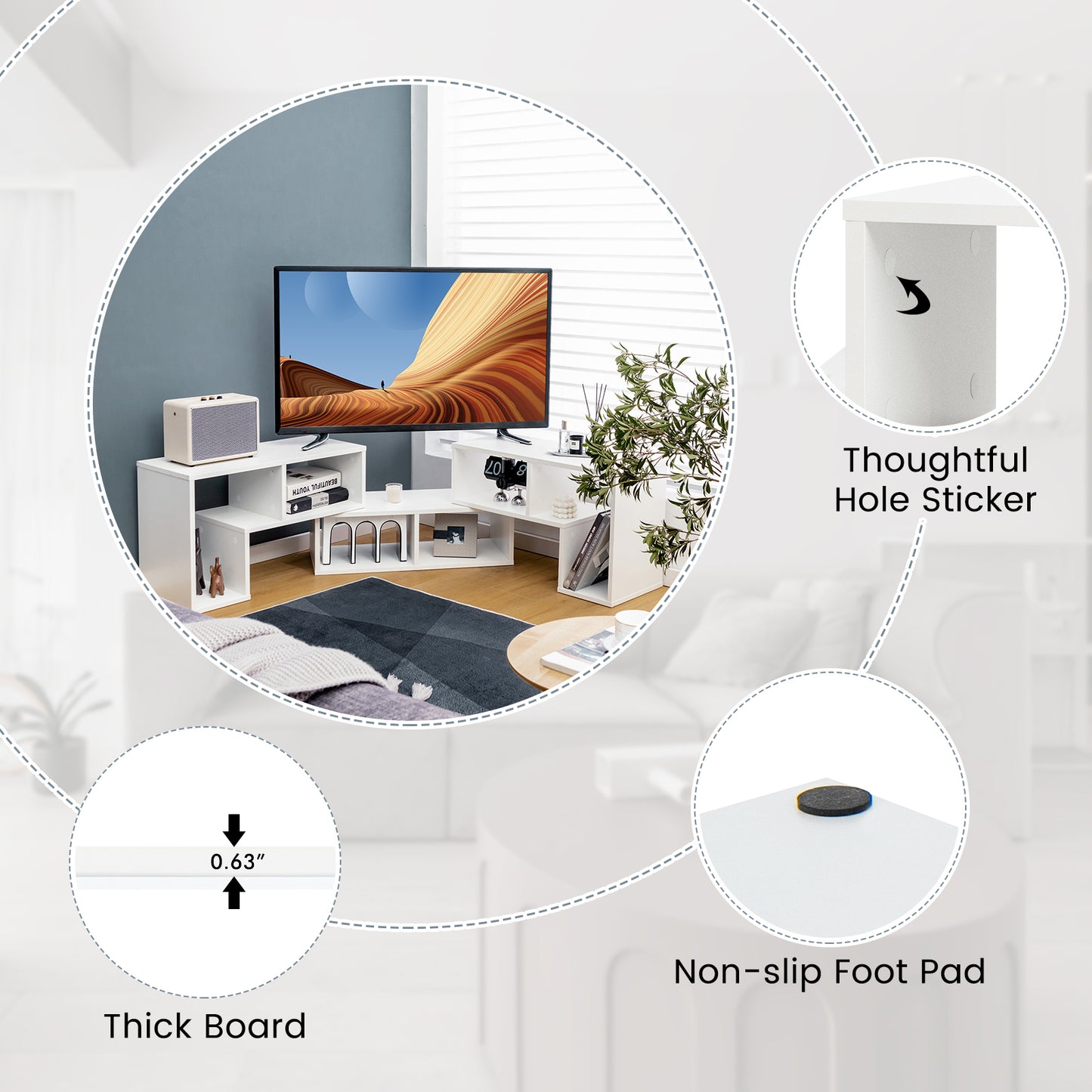 Adjustable 3-Piece TV Console with Shelves for TVs up to 65 Inch in White Finish