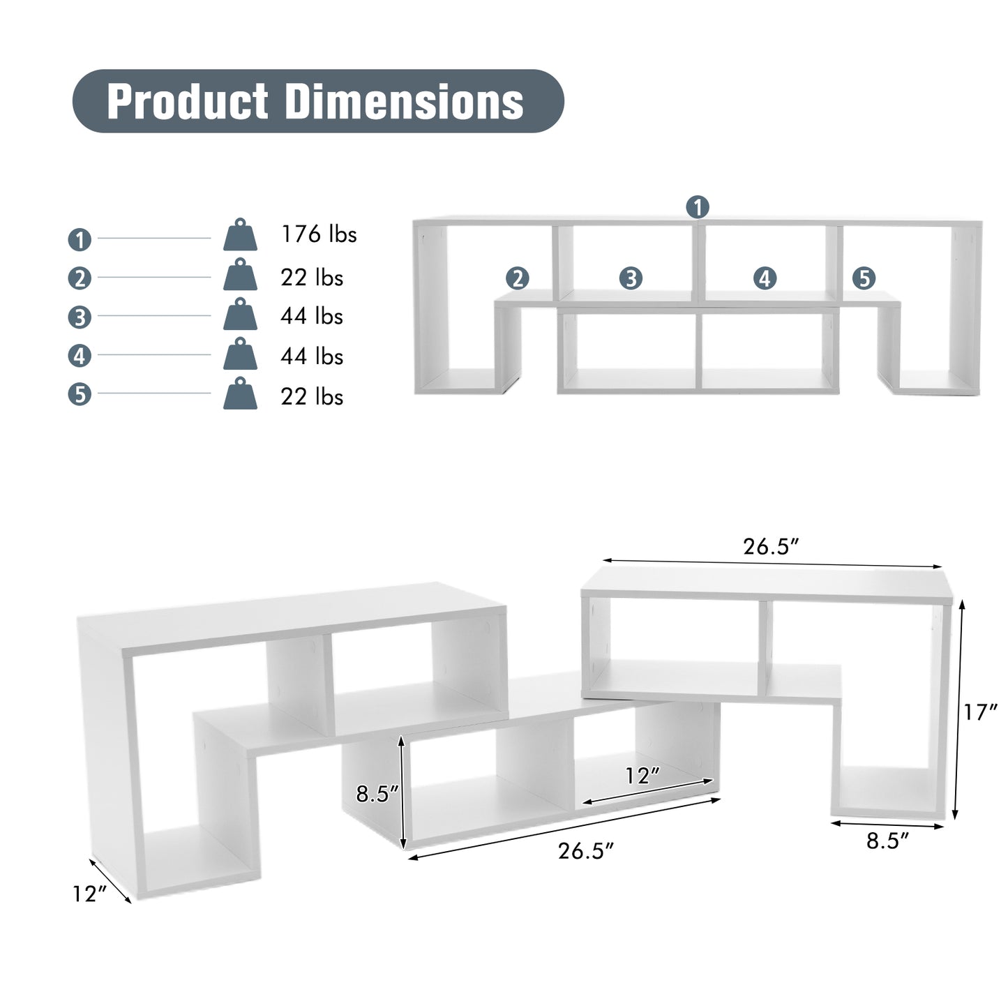 Adjustable 3-Piece TV Console with Shelves for TVs up to 65 Inch in White Finish