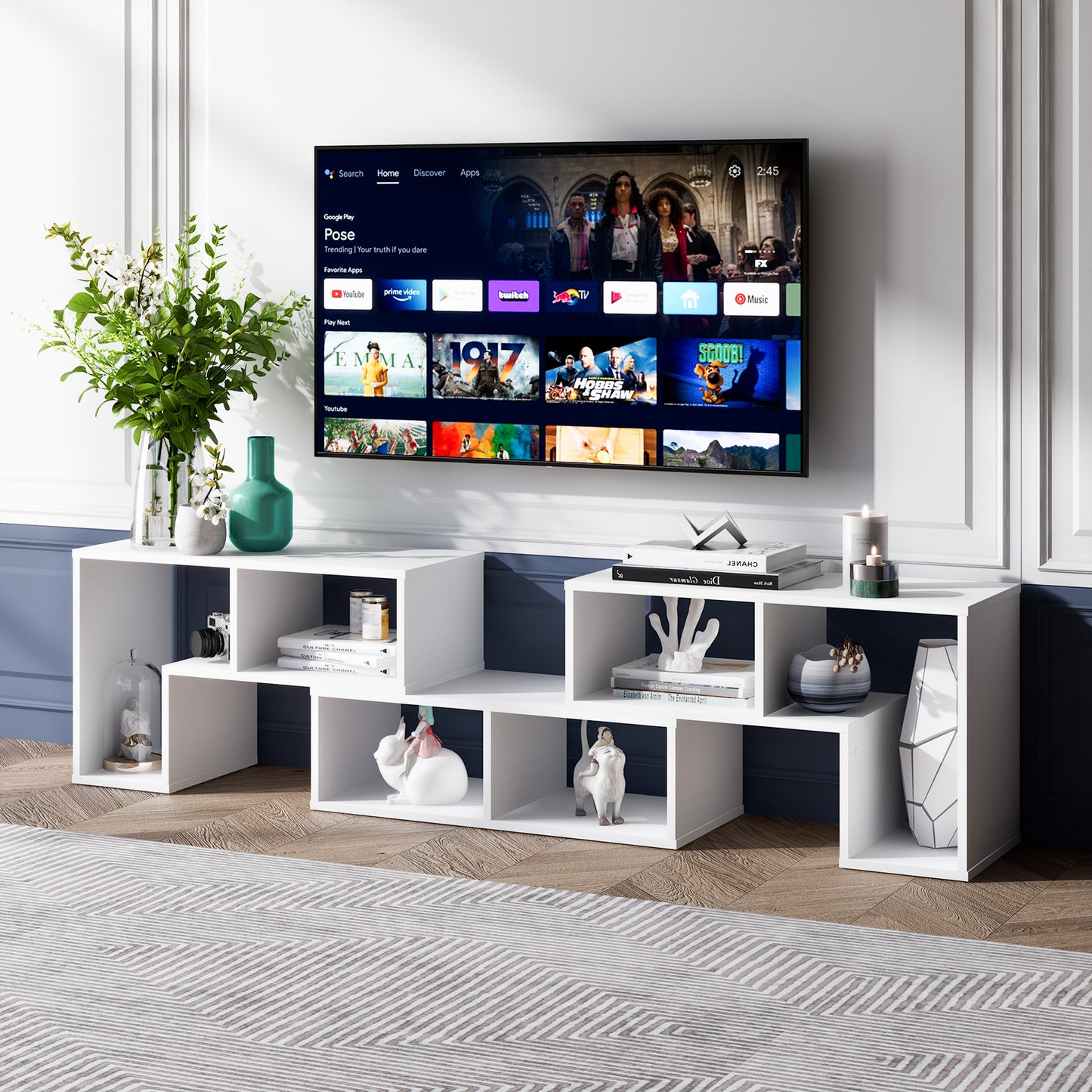 Adjustable 3-Piece TV Console with Shelves for TVs up to 65 Inch in White Finish