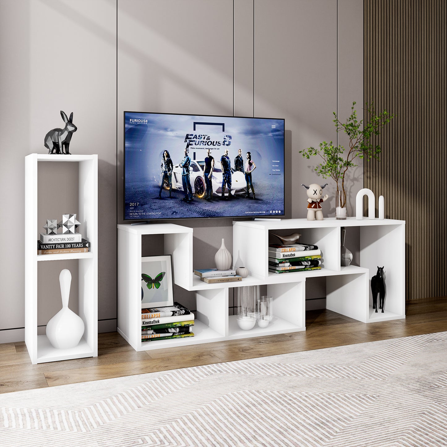 Adjustable 3-Piece TV Console with Shelves for TVs up to 65 Inch in White Finish