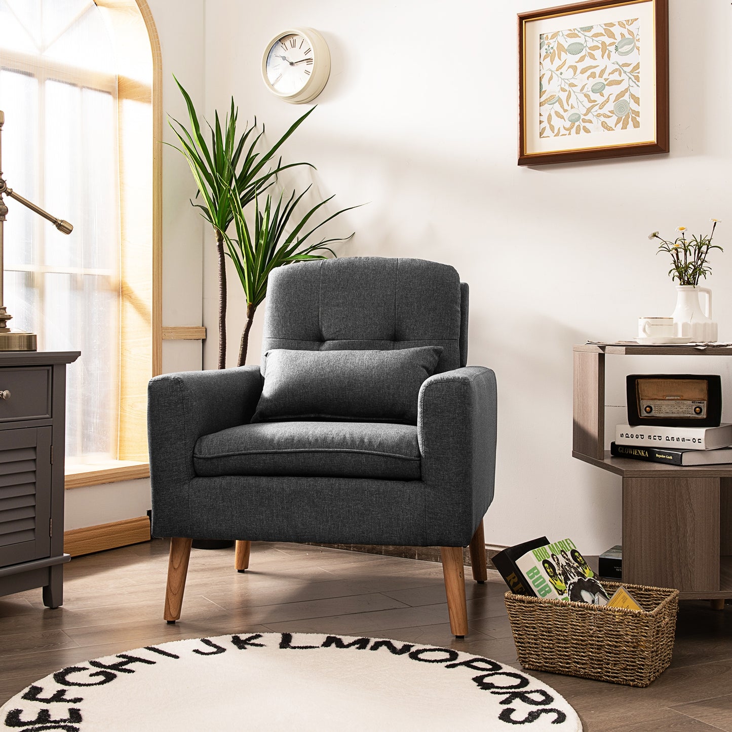 Modern Linen Upholstered Armchair with Waist Pillow and Wooden Legs for Living Room, Grey