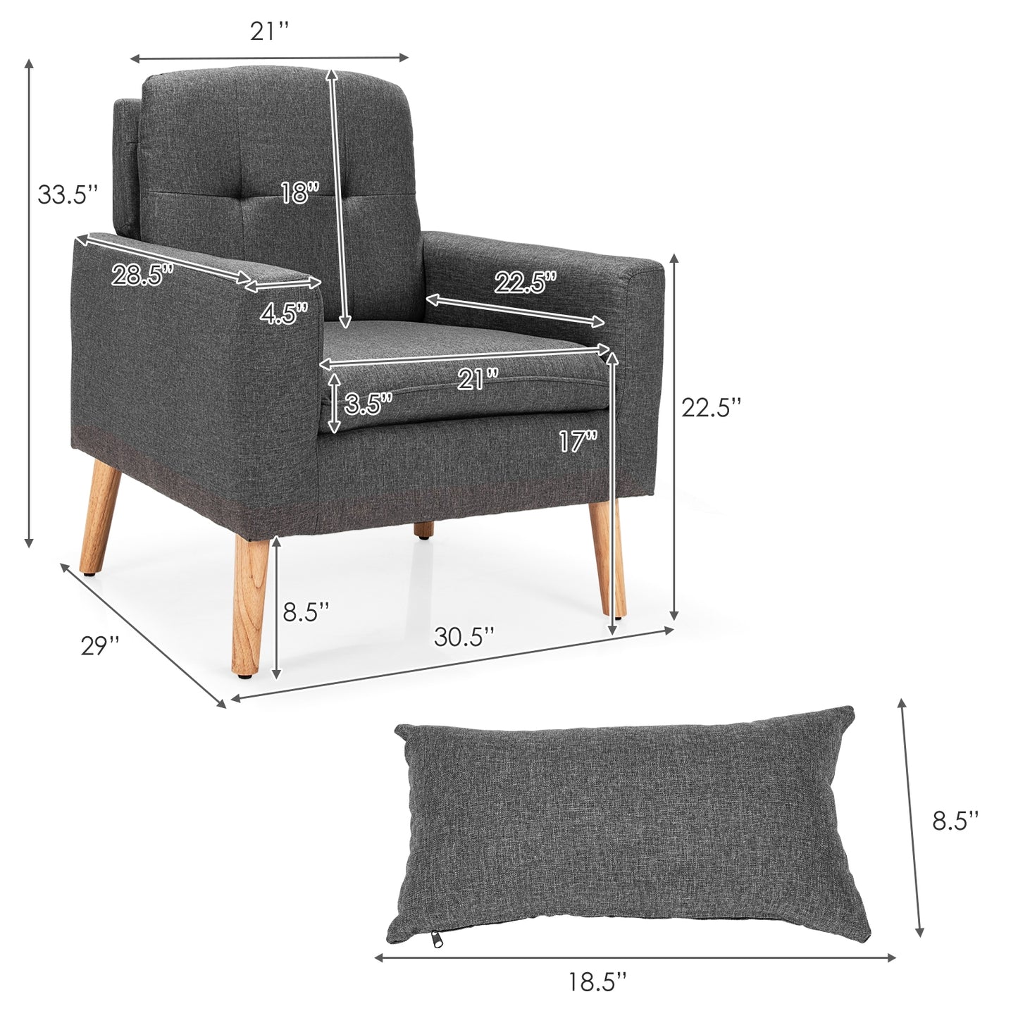 Modern Linen Upholstered Armchair with Waist Pillow and Wooden Legs for Living Room, Grey