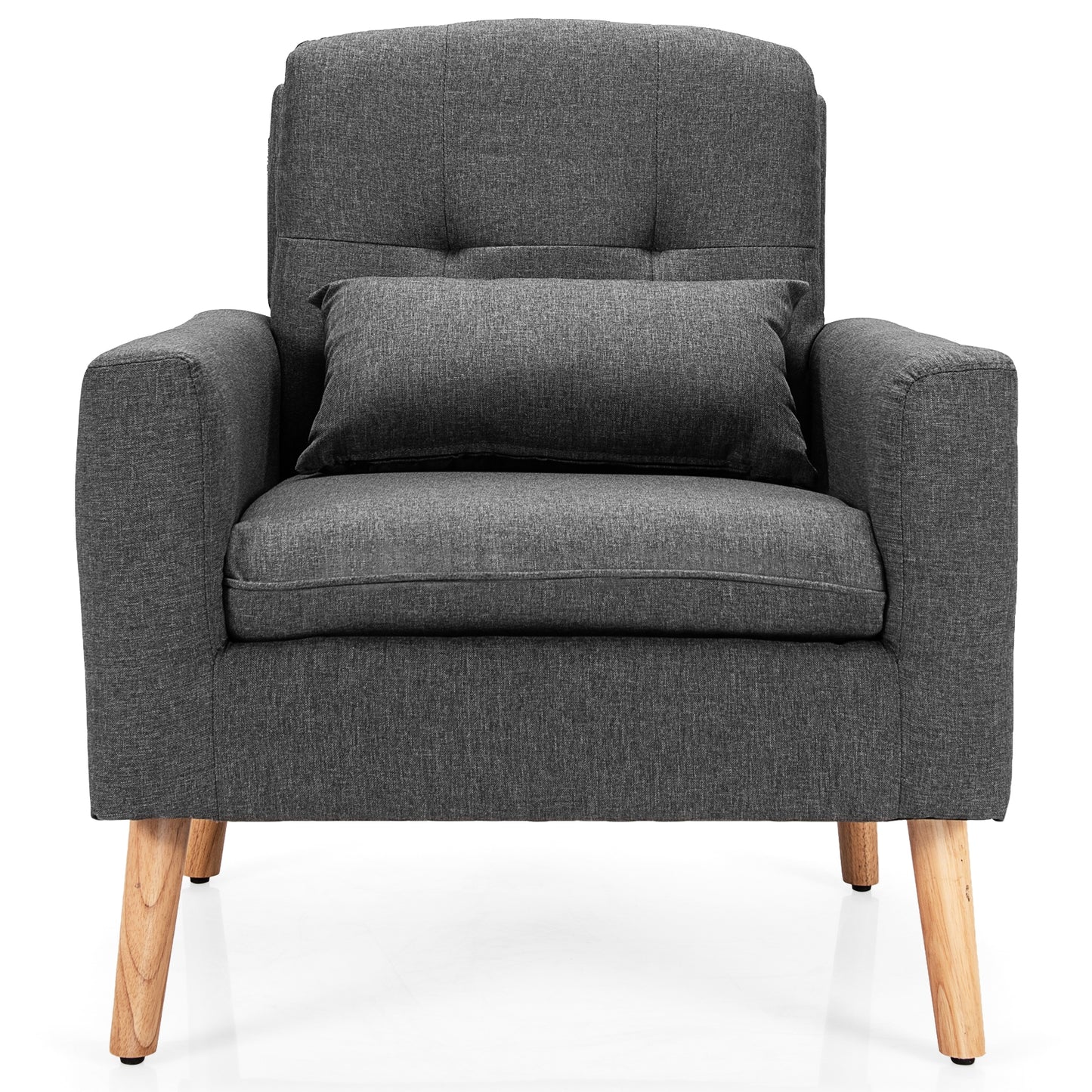 Modern Linen Upholstered Armchair with Waist Pillow and Wooden Legs for Living Room, Grey