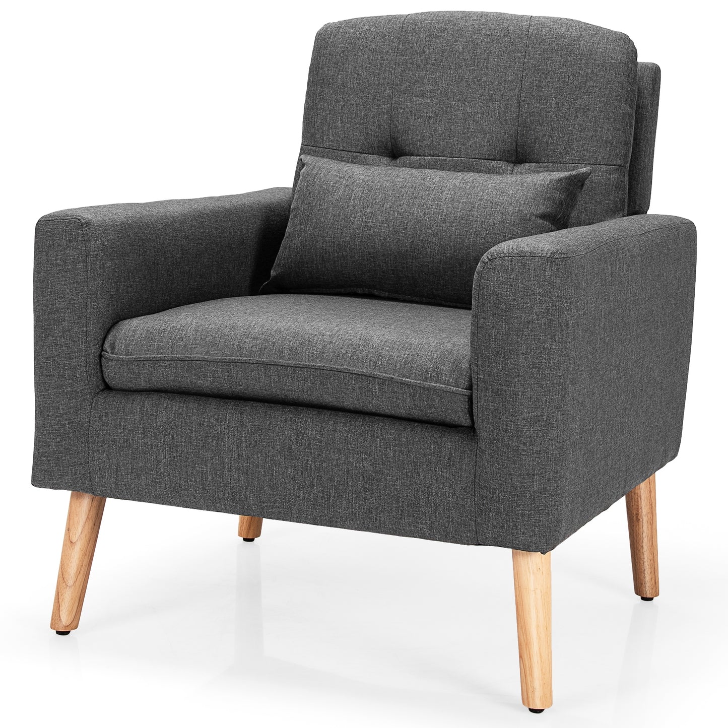 Modern Linen Upholstered Armchair with Waist Pillow and Wooden Legs for Living Room, Grey