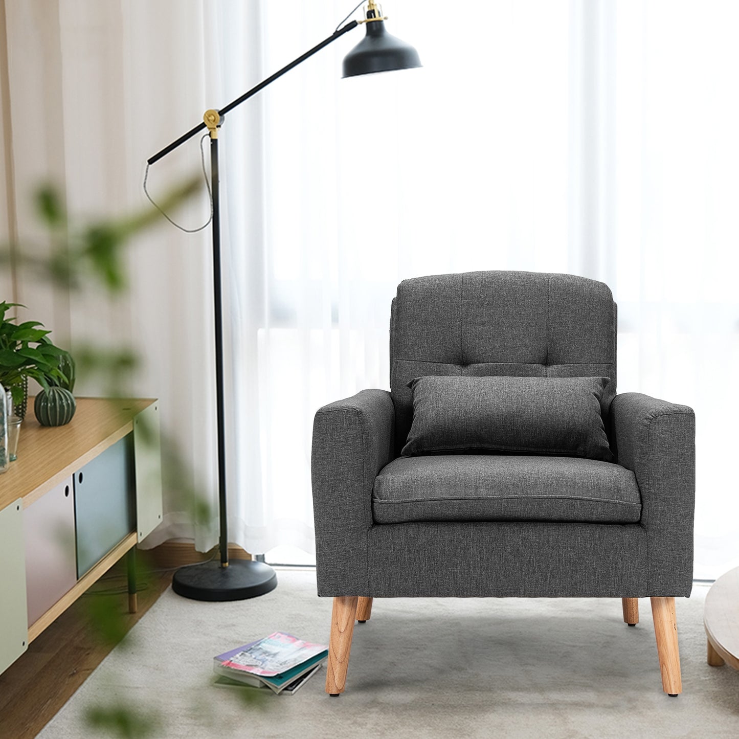 Modern Linen Upholstered Armchair with Waist Pillow and Wooden Legs for Living Room, Grey