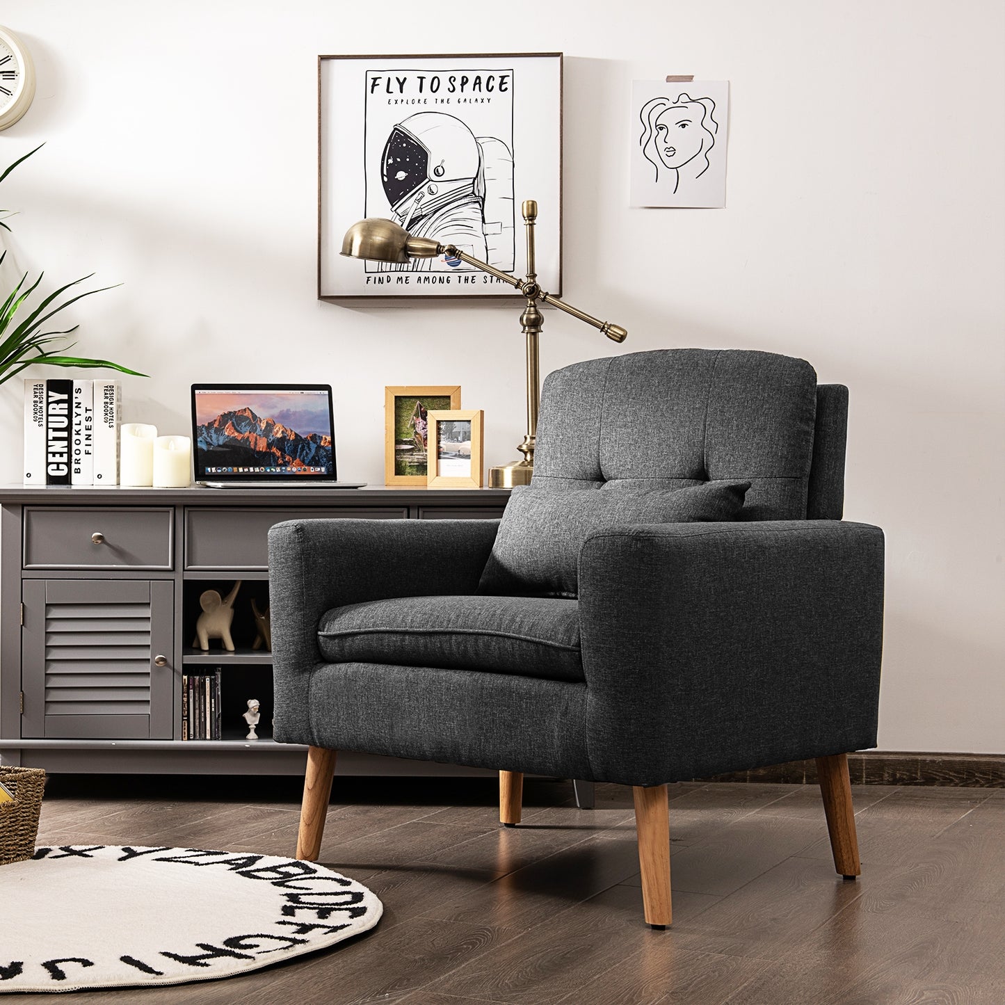 Modern Linen Upholstered Armchair with Waist Pillow and Wooden Legs for Living Room, Grey