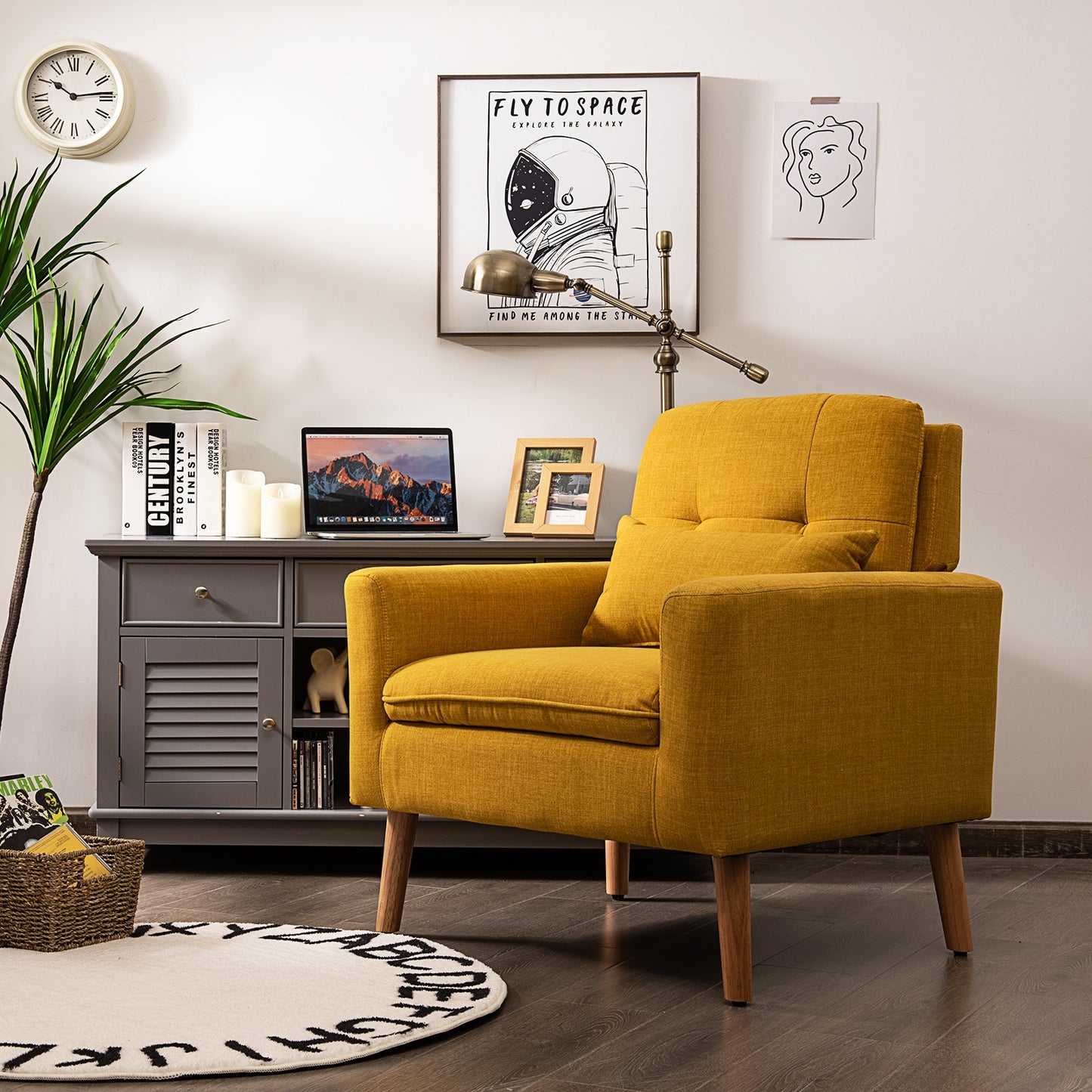 Modern Linen Upholstered Armchair with Waist Pillow and Wooden Legs for Living Room, Yellow
