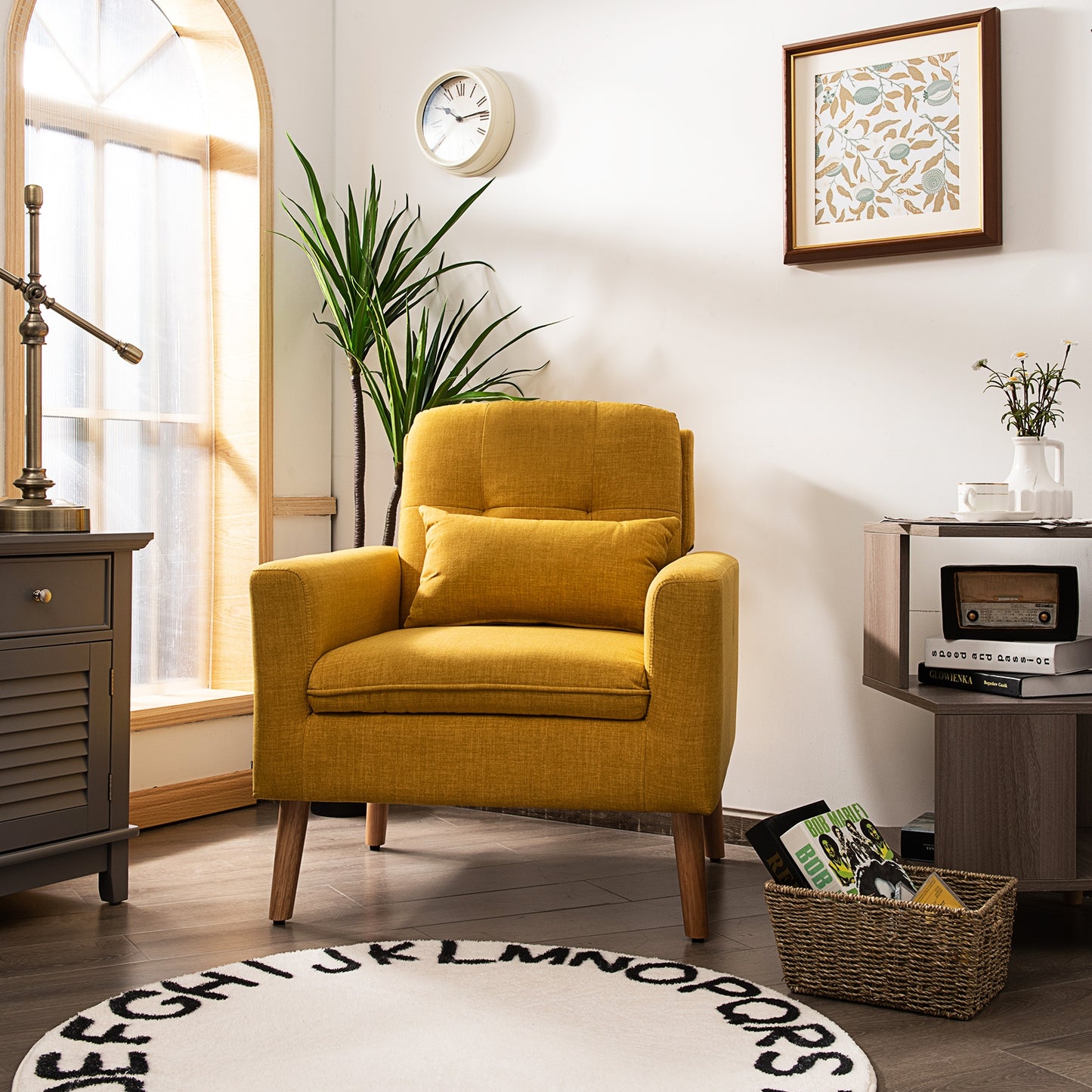 Modern Linen Upholstered Armchair with Waist Pillow and Wooden Legs for Living Room, Yellow