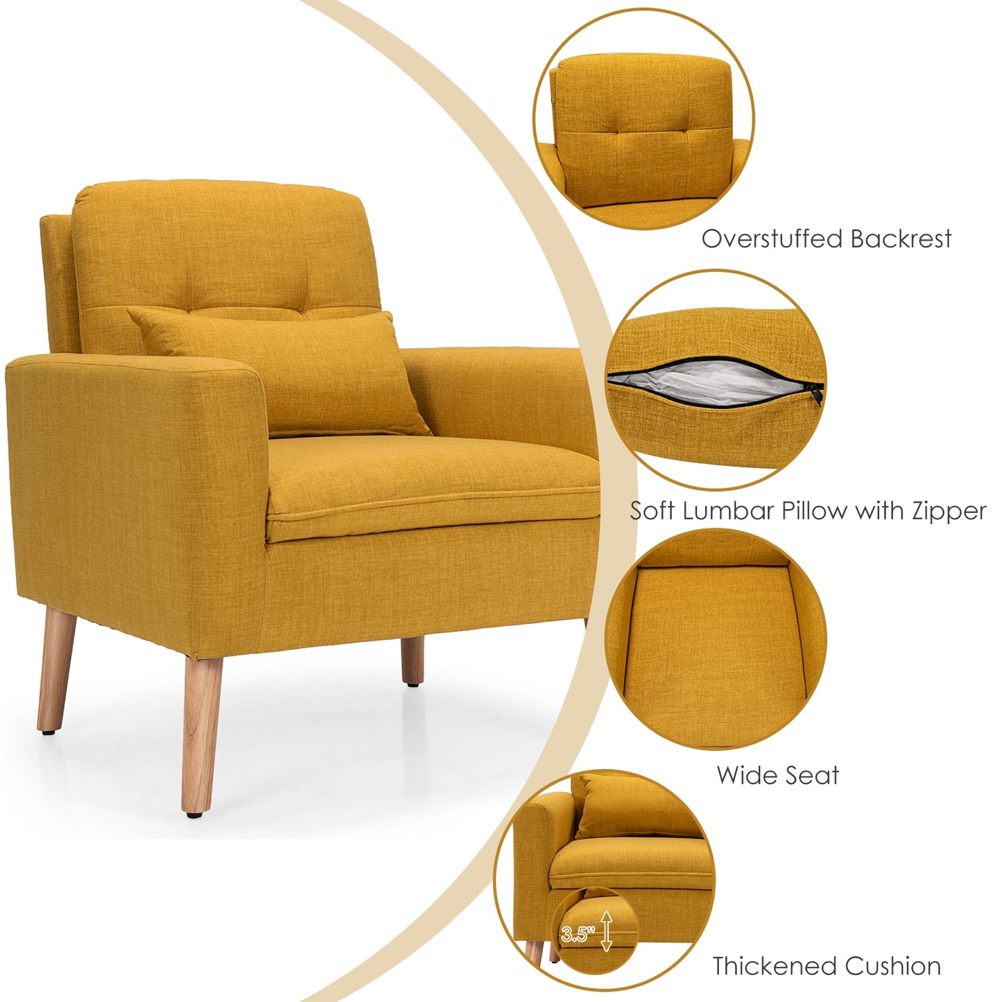 Modern Linen Upholstered Armchair with Waist Pillow and Wooden Legs for Living Room, Yellow