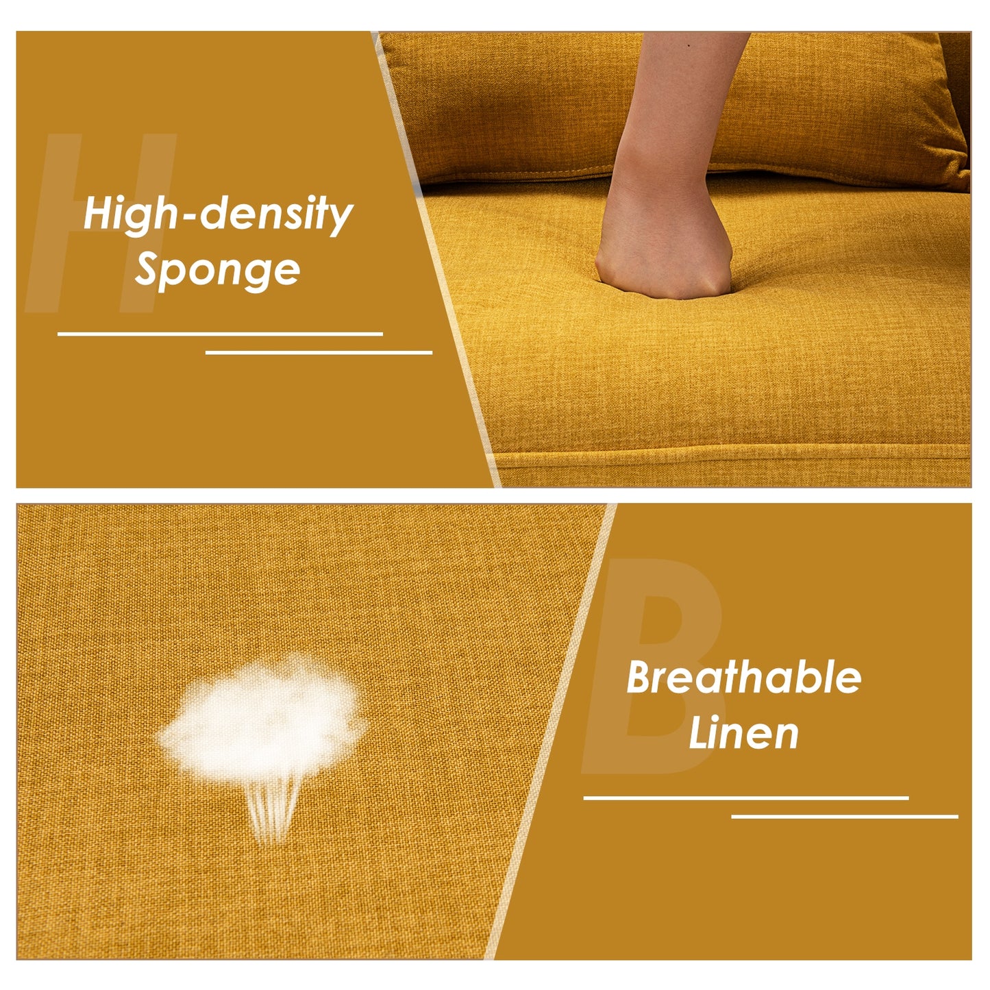 Modern Linen Upholstered Armchair with Waist Pillow and Wooden Legs for Living Room, Yellow