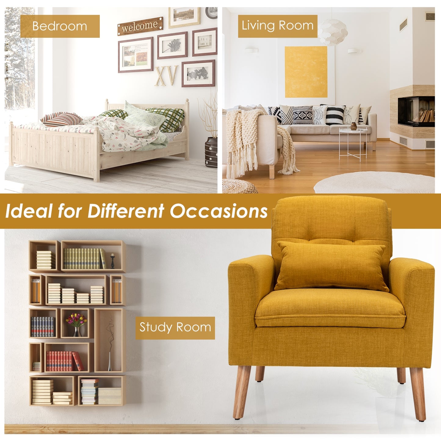 Modern Linen Upholstered Armchair with Waist Pillow and Wooden Legs for Living Room, Yellow
