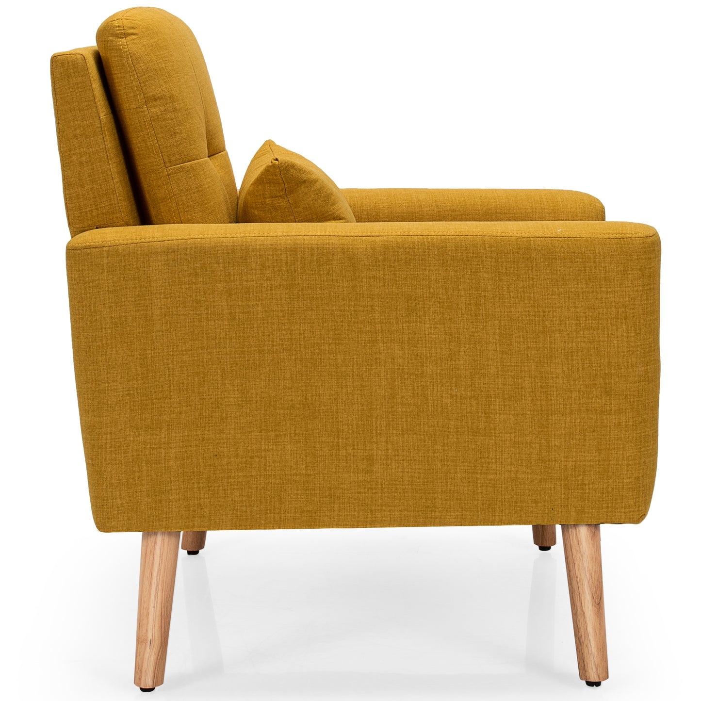 Modern Linen Upholstered Armchair with Waist Pillow and Wooden Legs for Living Room, Yellow