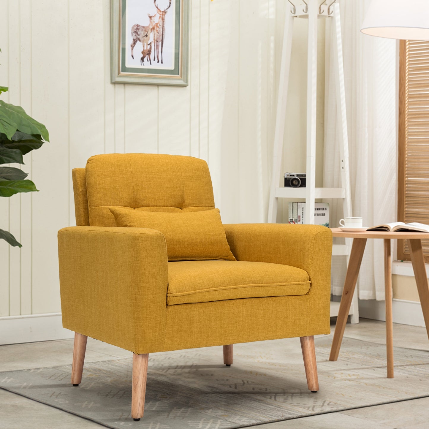 Modern Linen Upholstered Armchair with Waist Pillow and Wooden Legs for Living Room, Yellow