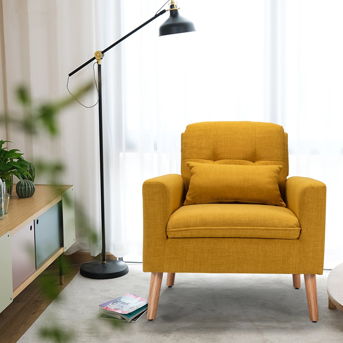 Modern Linen Upholstered Armchair with Waist Pillow and Wooden Legs for Living Room, Yellow