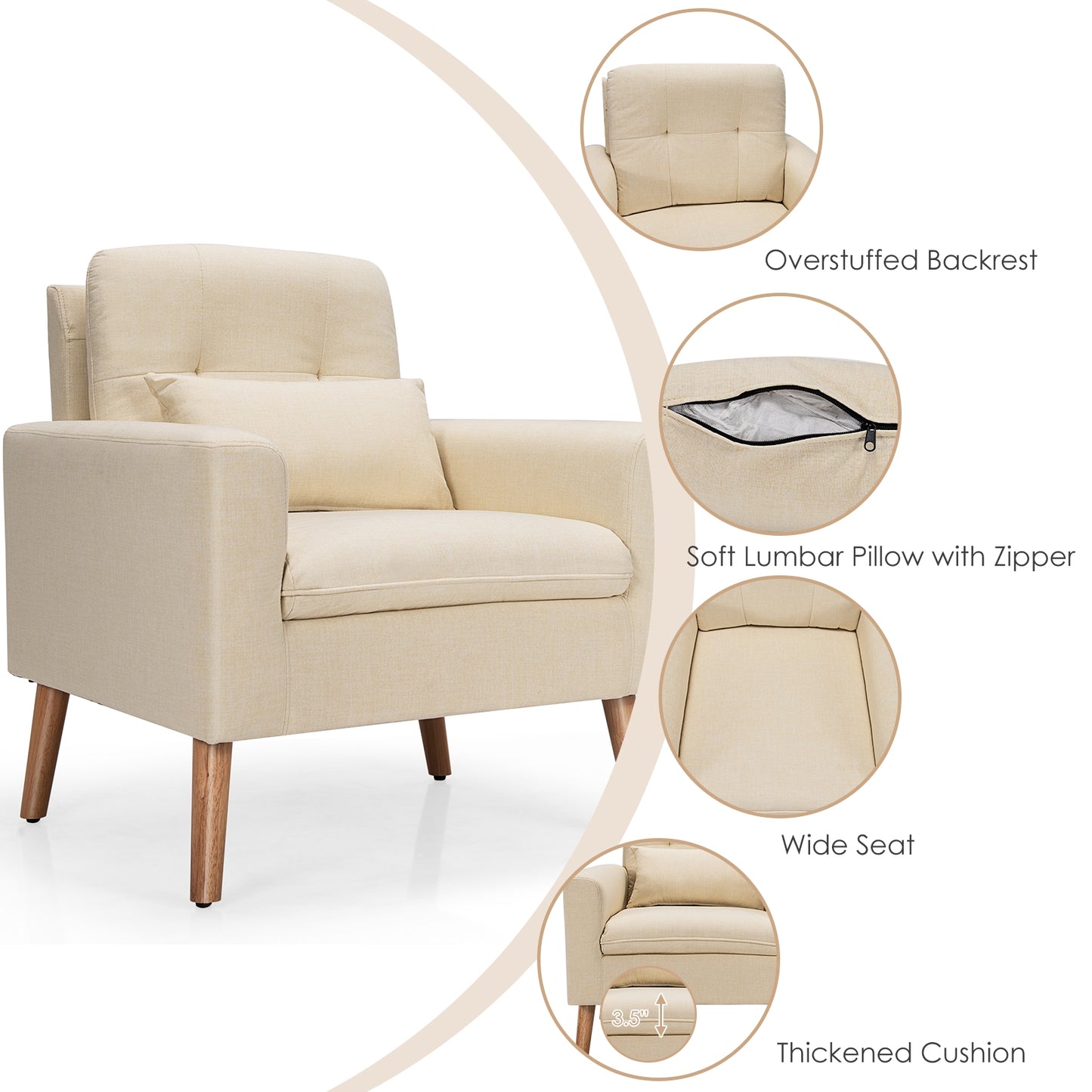 Modern Linen Upholstered Armchair with Waist Pillow and Wooden Legs for Living Room, Beige
