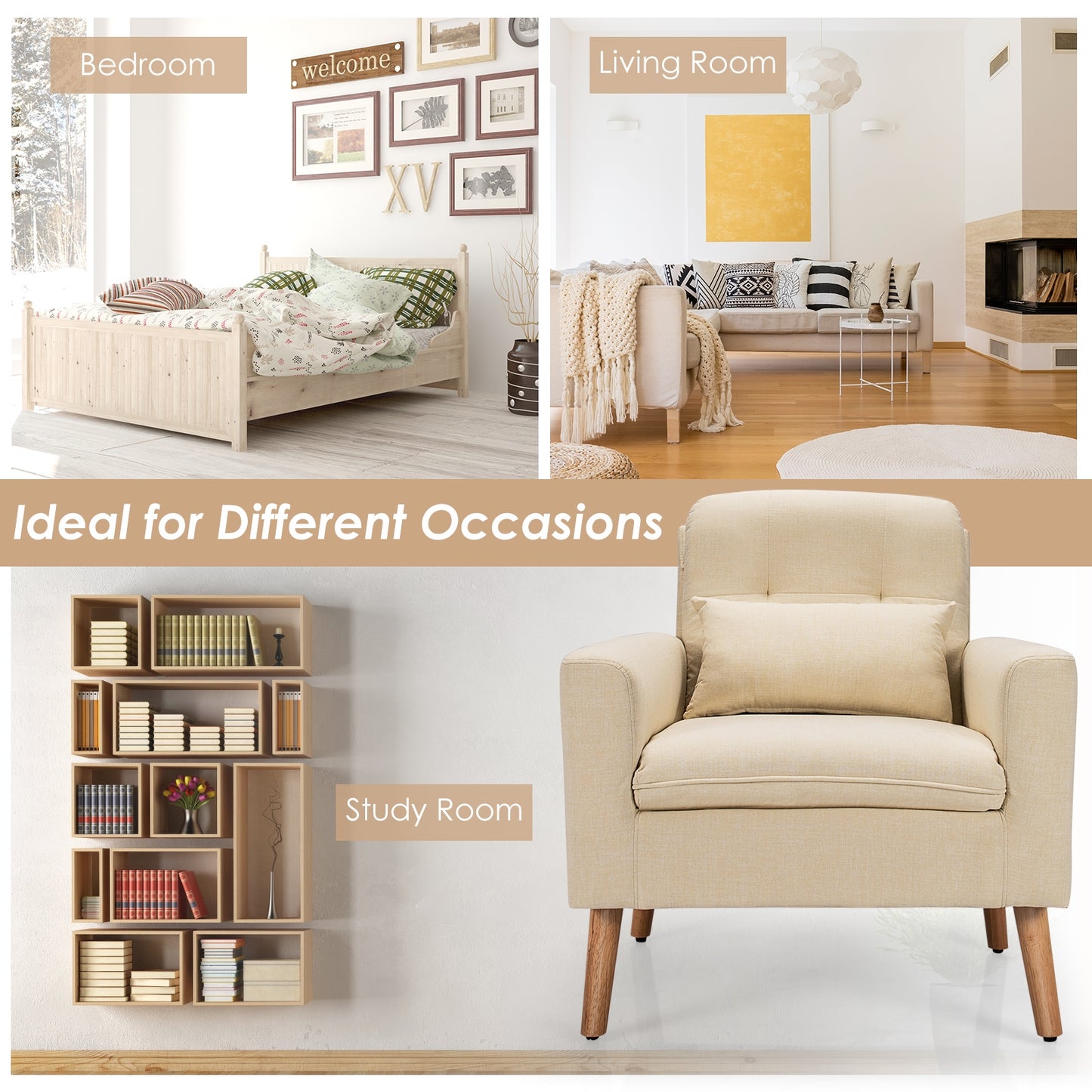 Modern Linen Upholstered Armchair with Waist Pillow and Wooden Legs for Living Room, Beige