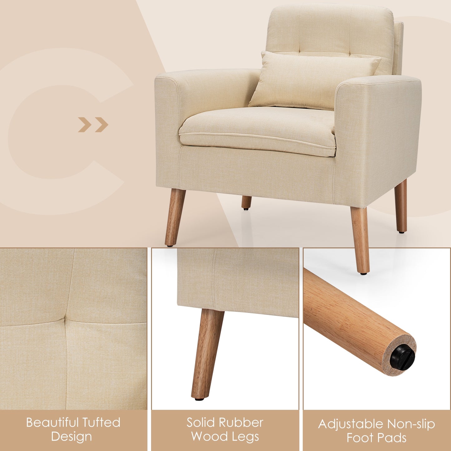 Modern Linen Upholstered Armchair with Waist Pillow and Wooden Legs for Living Room, Beige