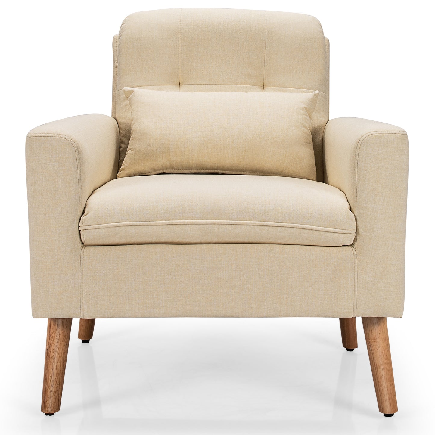 Modern Linen Upholstered Armchair with Waist Pillow and Wooden Legs for Living Room, Beige