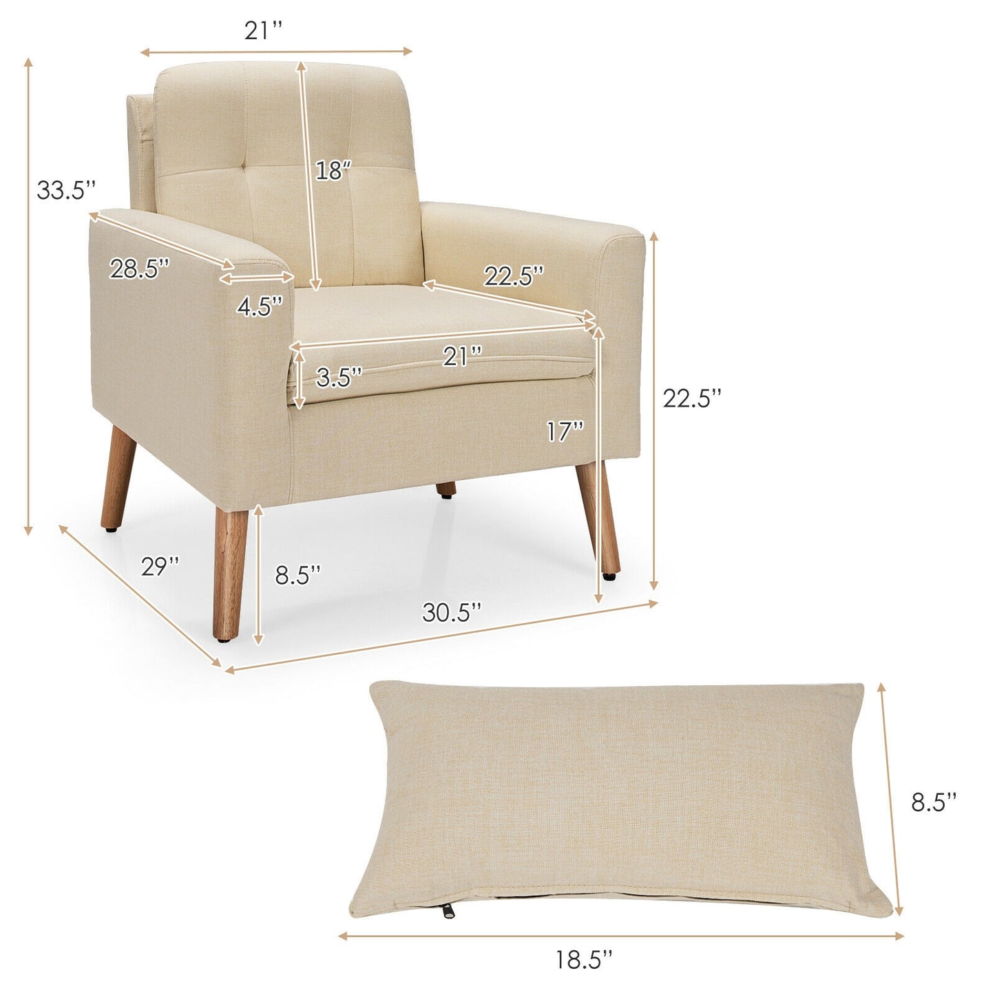 Modern Linen Upholstered Armchair with Waist Pillow and Wooden Legs for Living Room, Beige