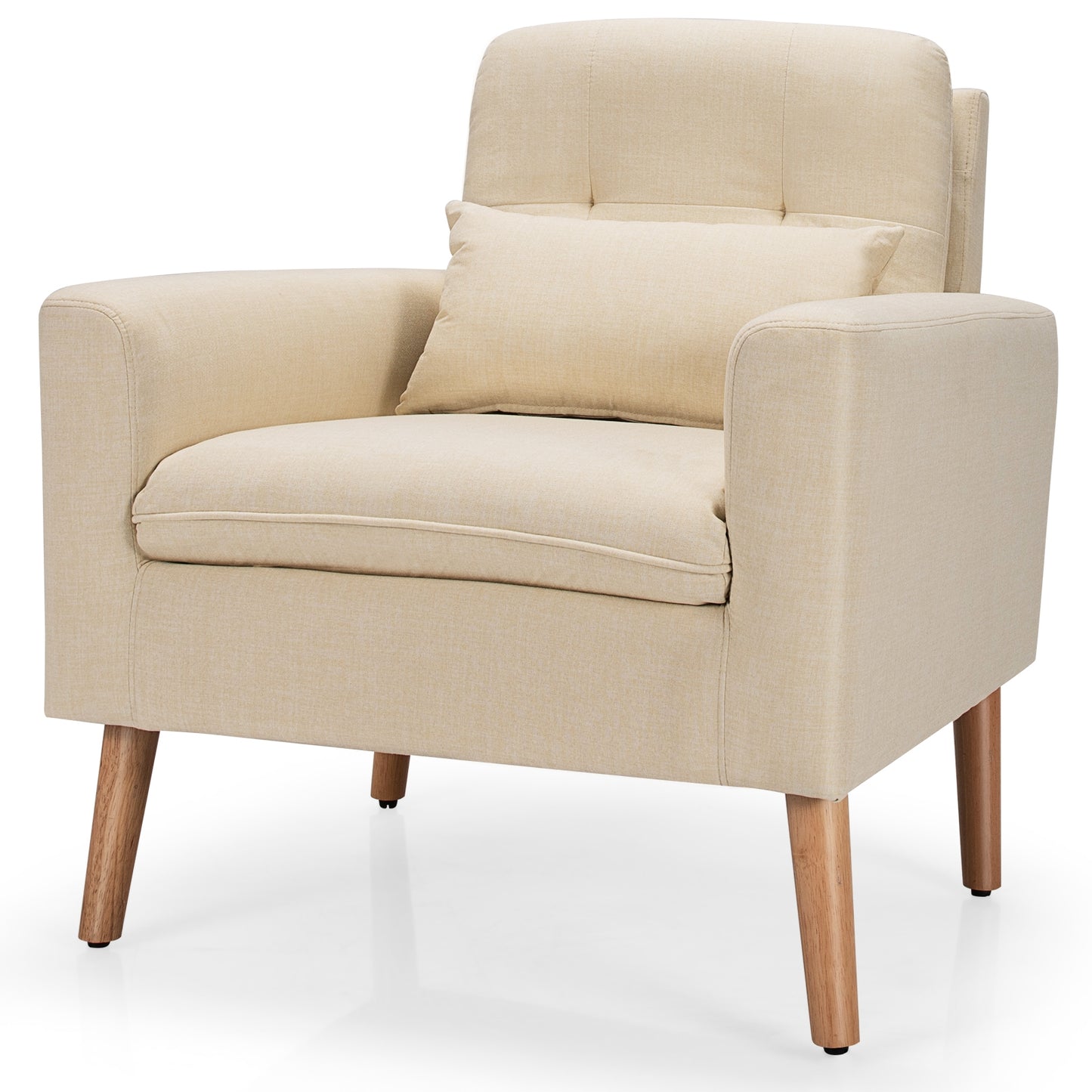Modern Linen Upholstered Armchair with Waist Pillow and Wooden Legs for Living Room, Beige