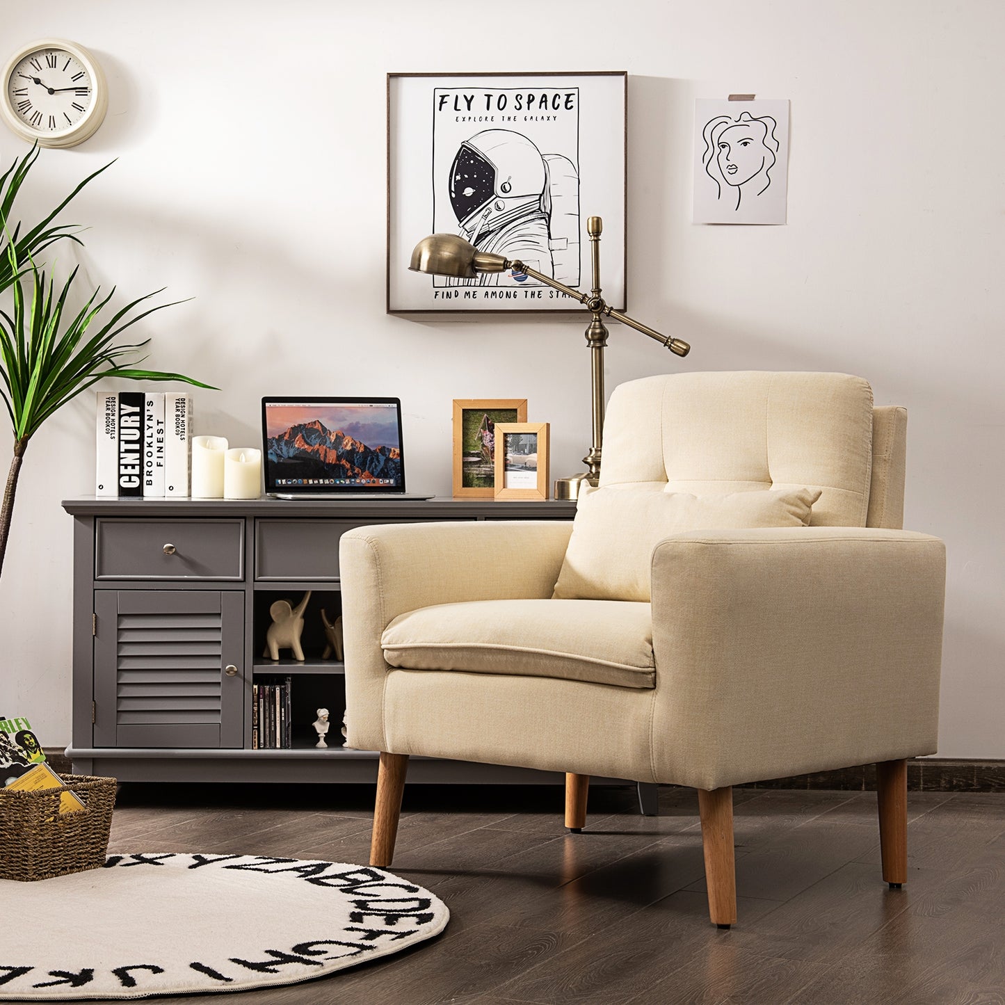 Modern Linen Upholstered Armchair with Waist Pillow and Wooden Legs for Living Room, Beige