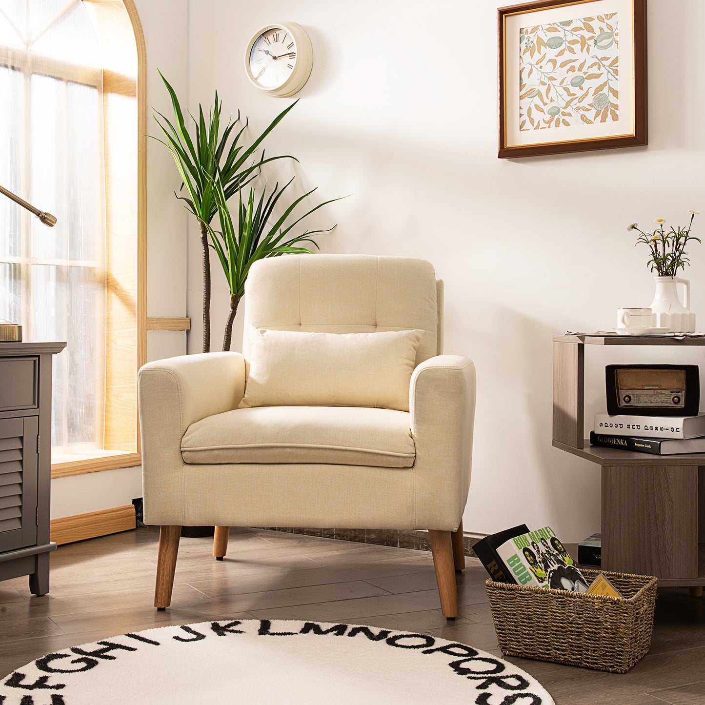 Modern Linen Upholstered Armchair with Waist Pillow and Wooden Legs for Living Room, Beige