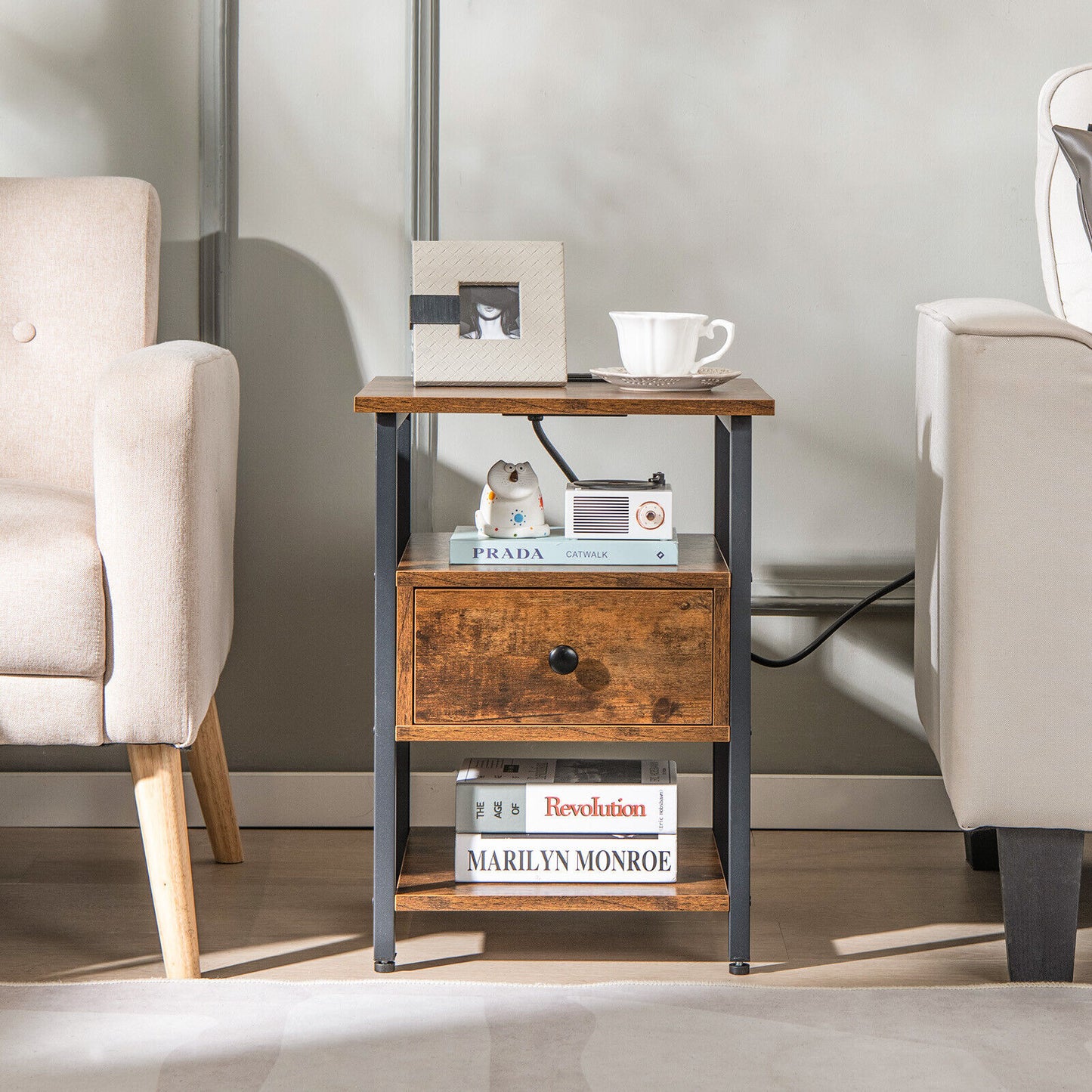 Modern 3-Tier Nightstands with Drawer and Built-in Charging Station
