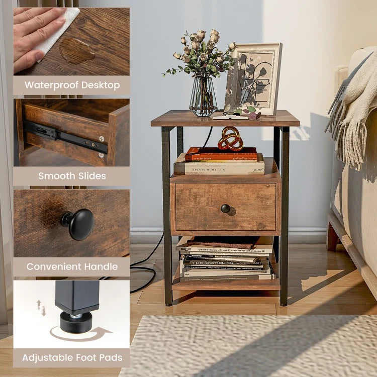 Modern 3-Tier Nightstands with Drawer and Built-in Charging Station