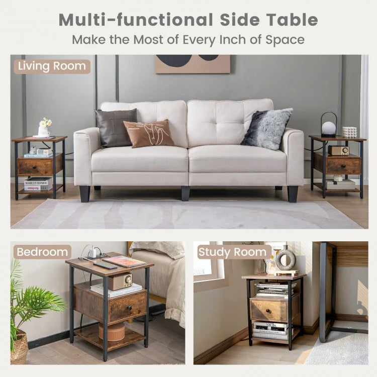 Modern 3-Tier Nightstands with Drawer and Built-in Charging Station